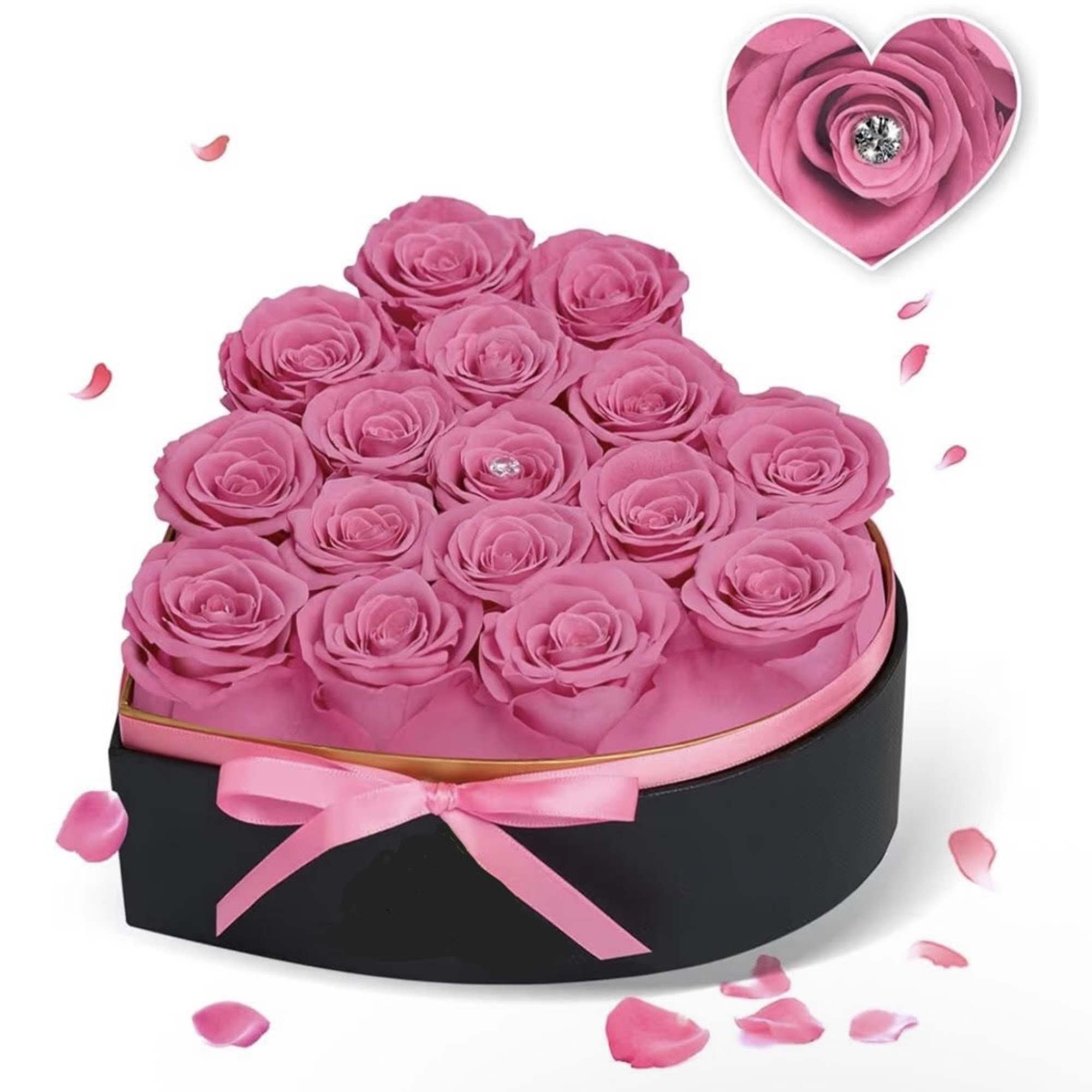 A lush cluster of preserved REAL 16 pink roses packed into a
