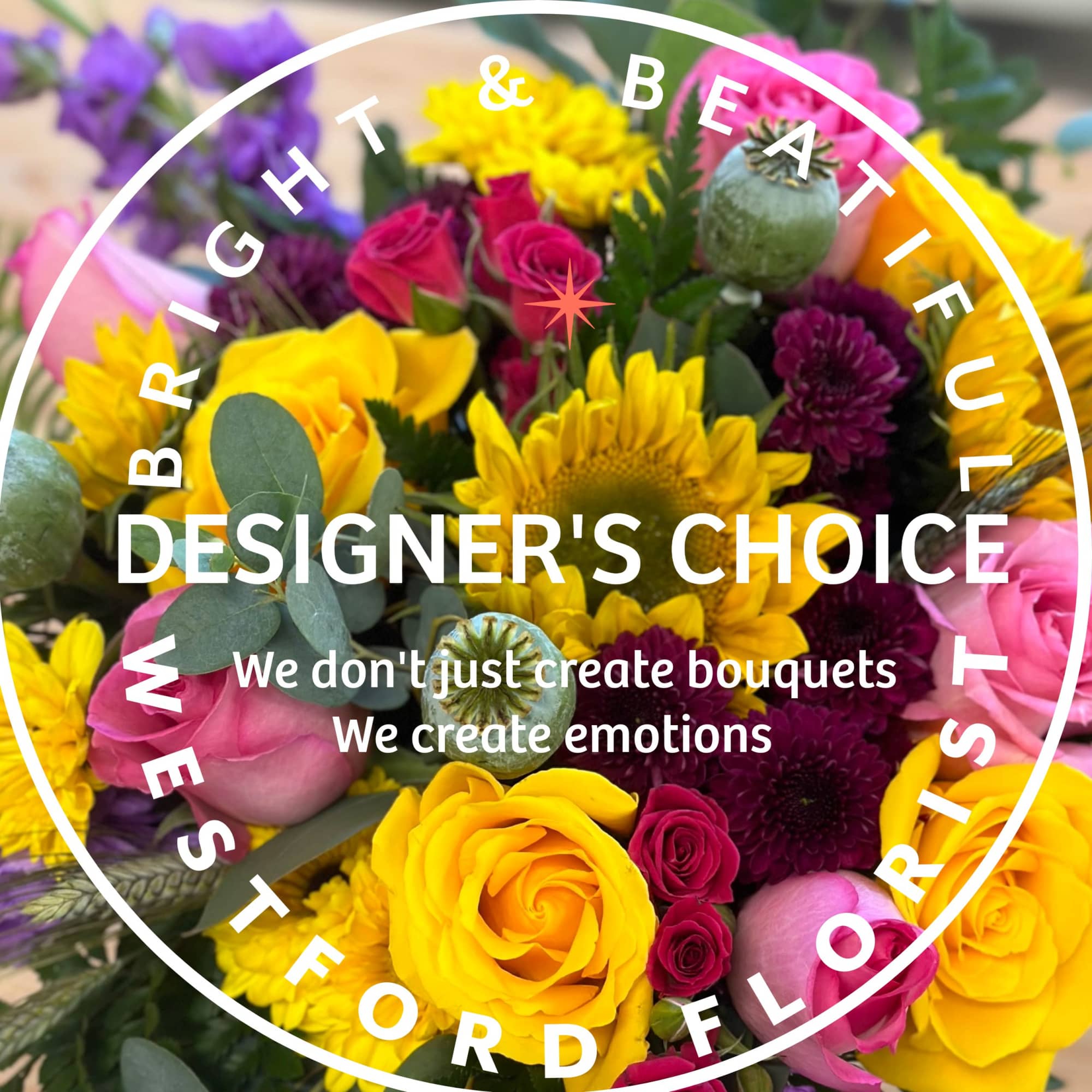 Bright mixed bouquet of yellow sunflowers, roses, and pink and purple blooms with Designer's Choice text overlay.