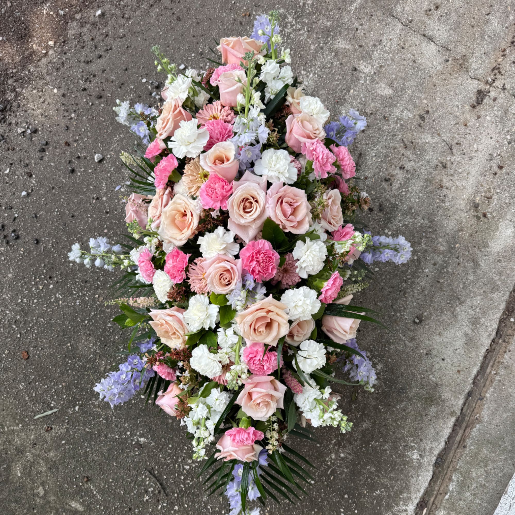 Pink and white floral spray with lavender accents