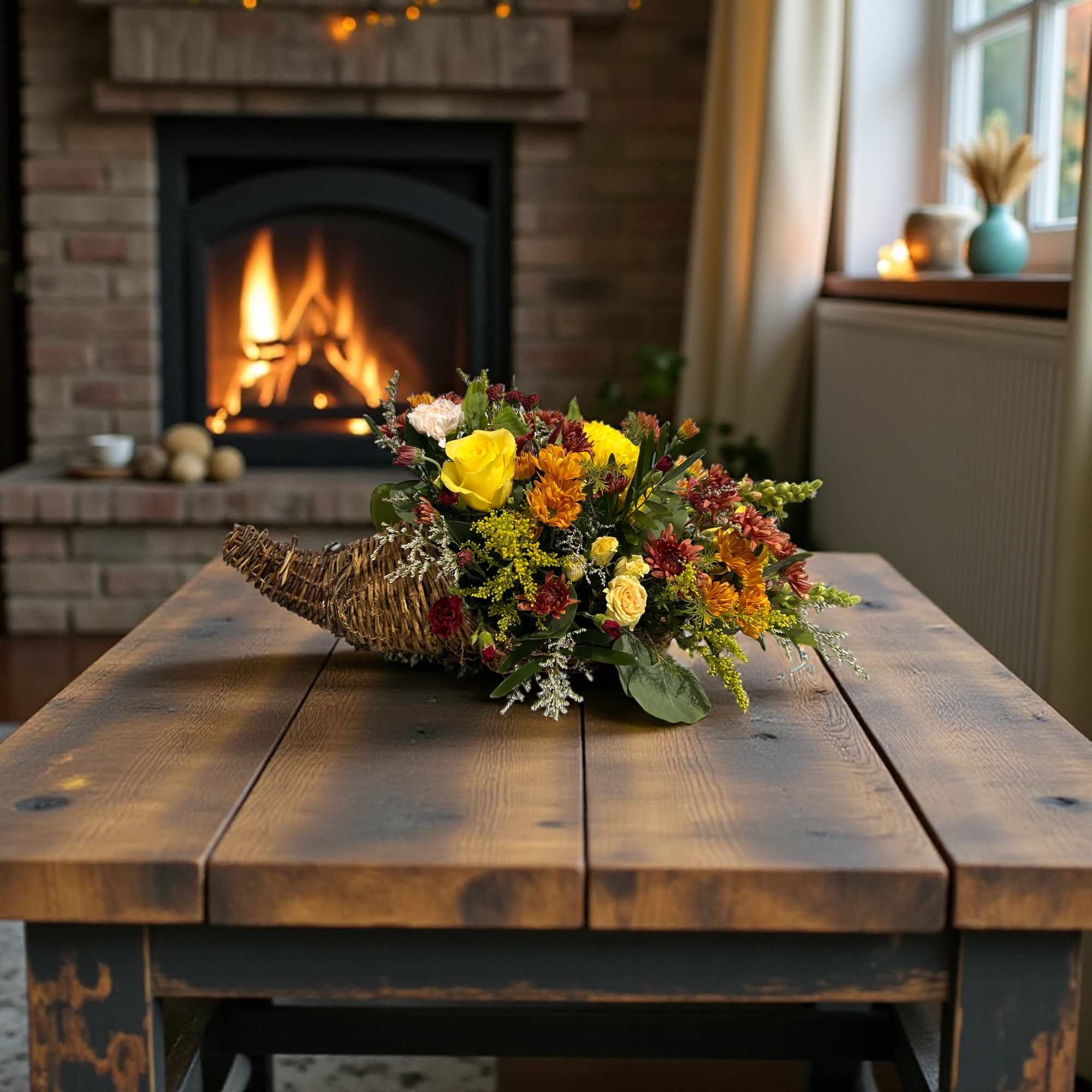 This stunning cornucopia centerpiece is a beautiful representation of the fall season, photo 2 of 2