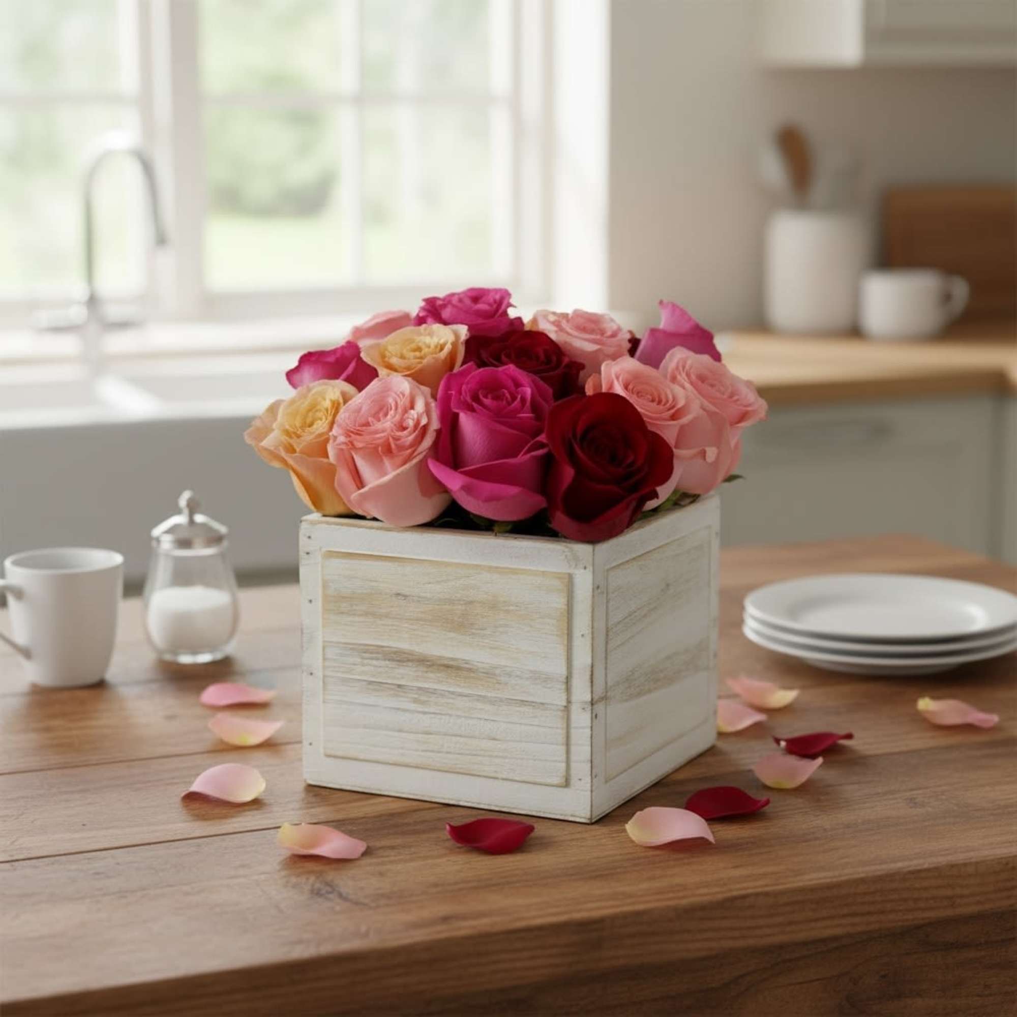 Mixed roses arranged in a white wooden box on a table