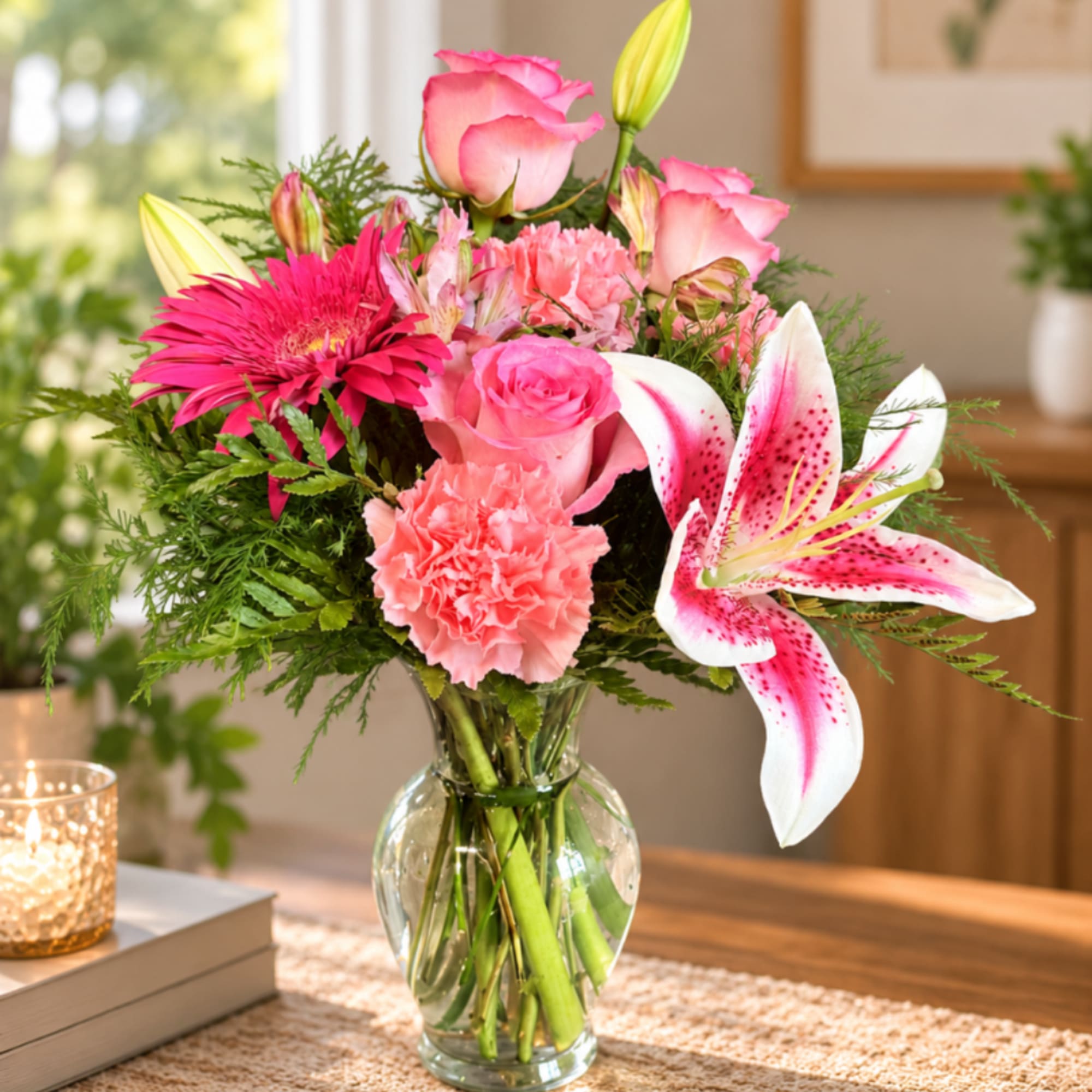 Pink roses, lilies, and carnations in a glass vase