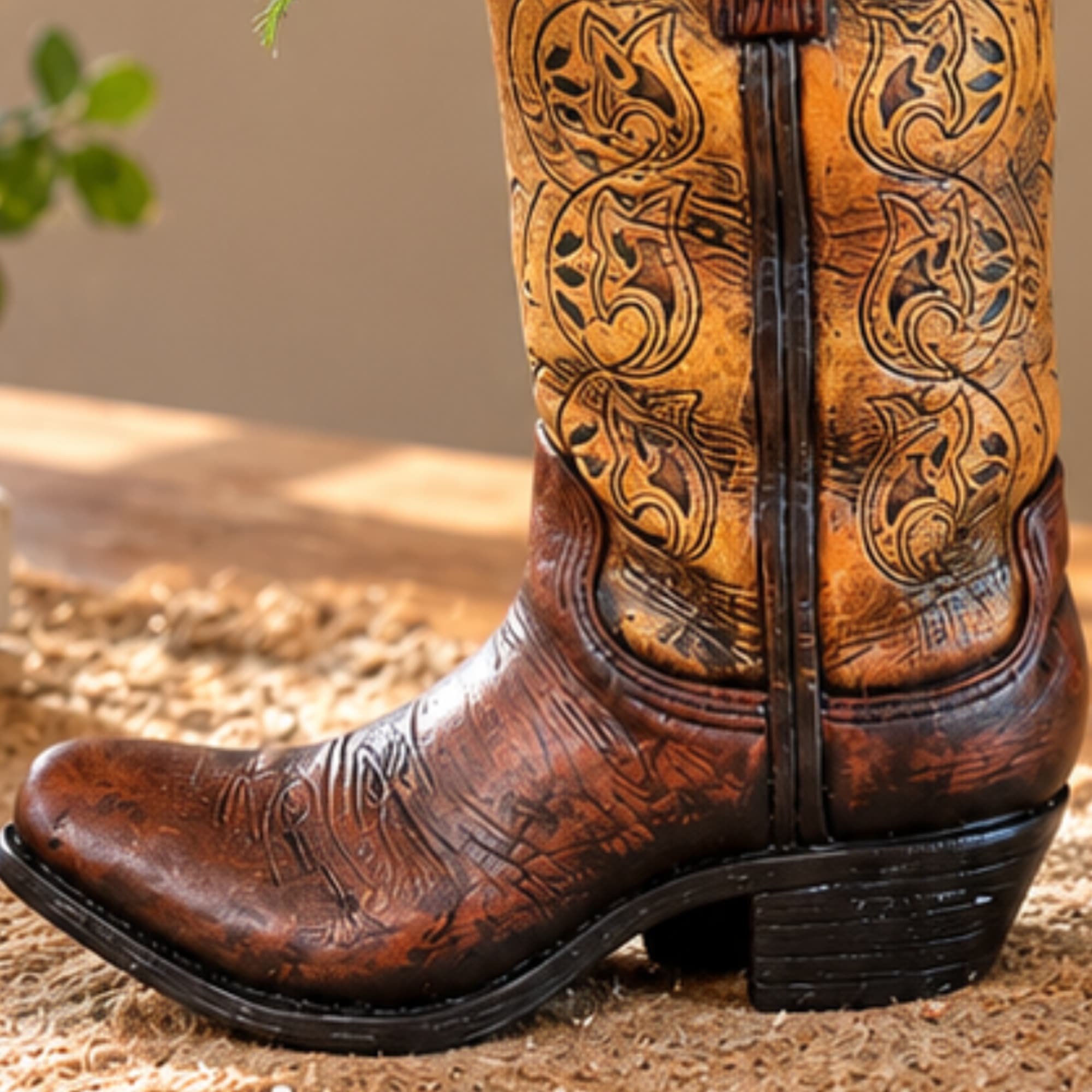 Brown patterned cowboy boot on a rustic surface