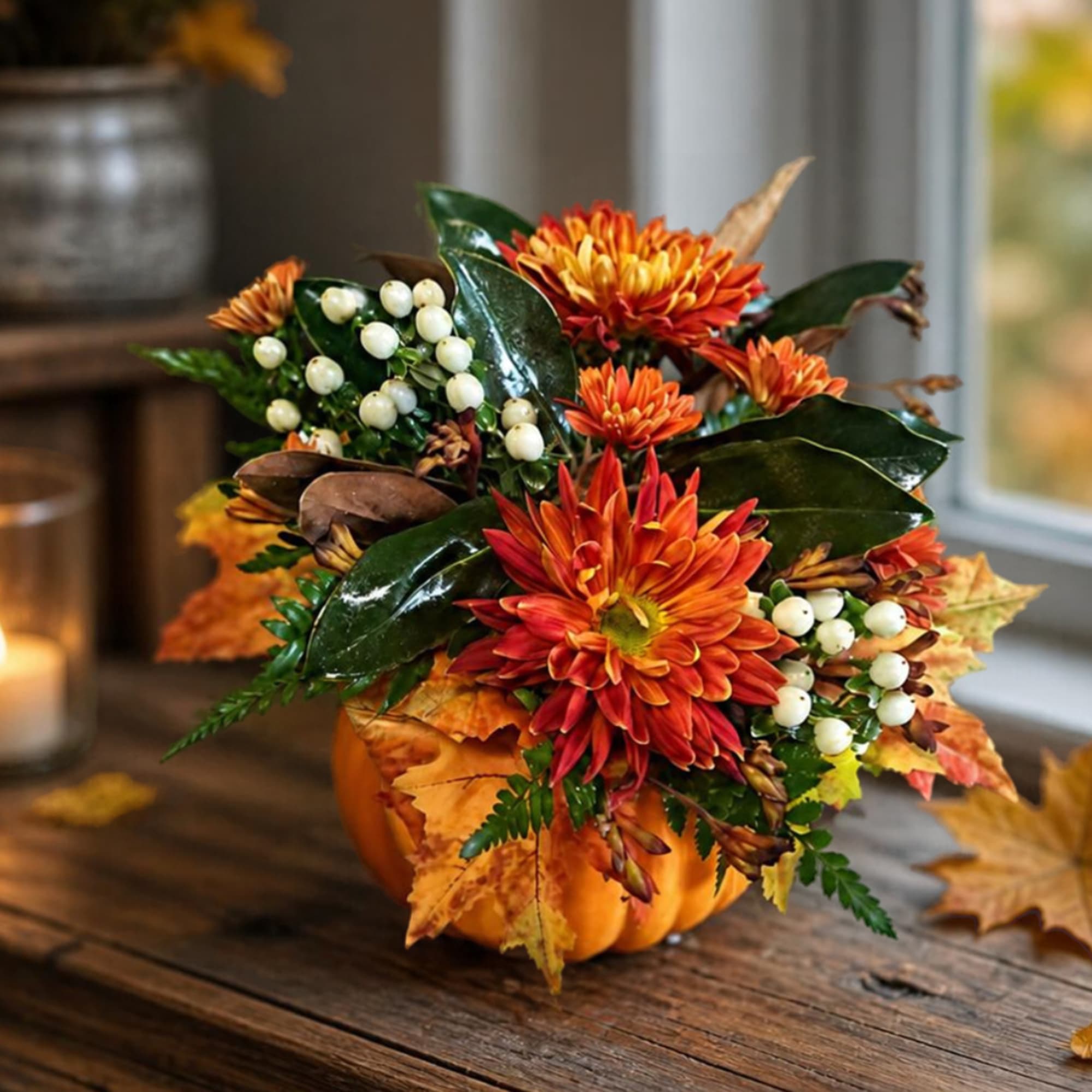 Orange chrysanthemum arrangement in a pumpkin container with autumn leaves