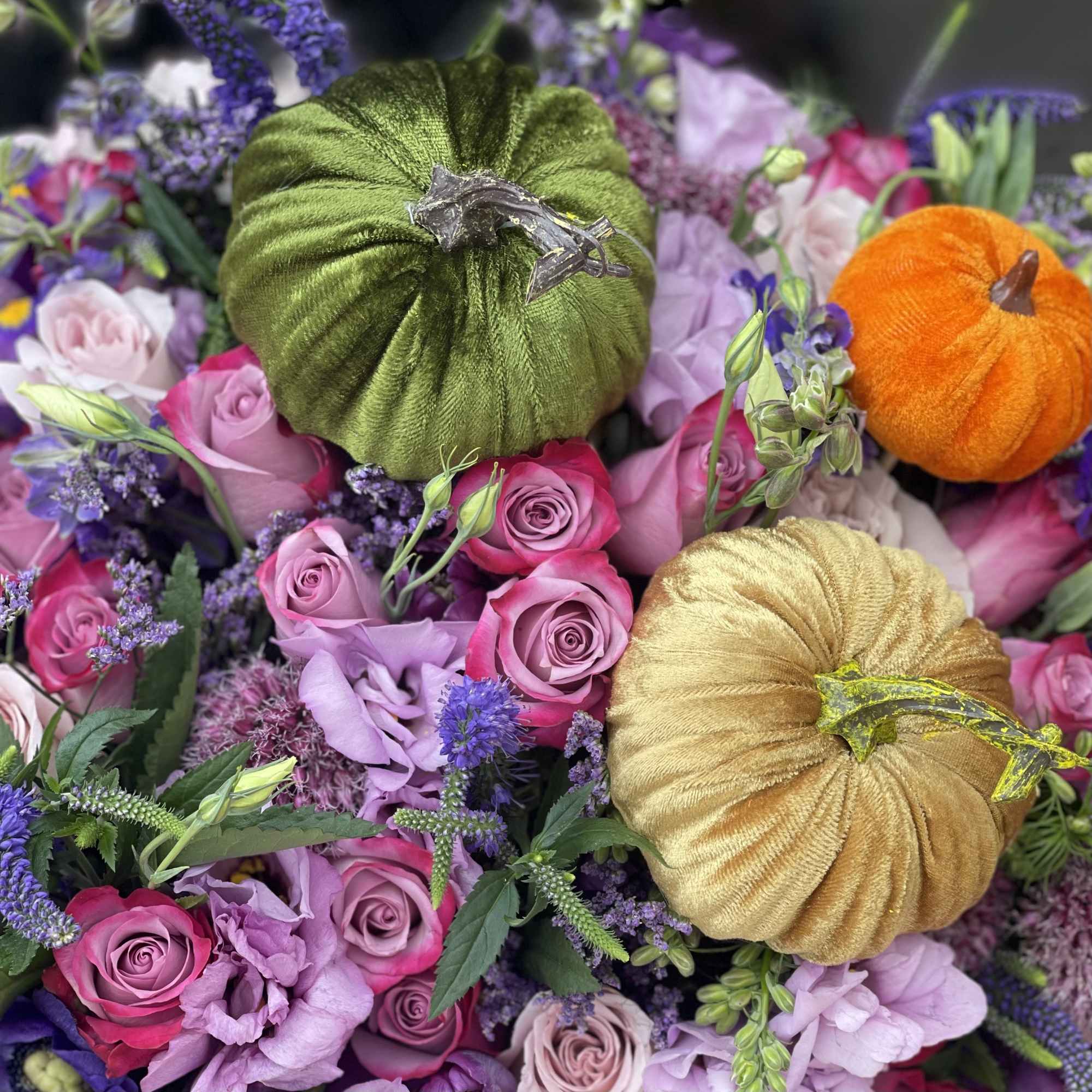 Lavender flower arrangement in our signature velvet lavender box with velvet pumpkins, photo 2 of 2