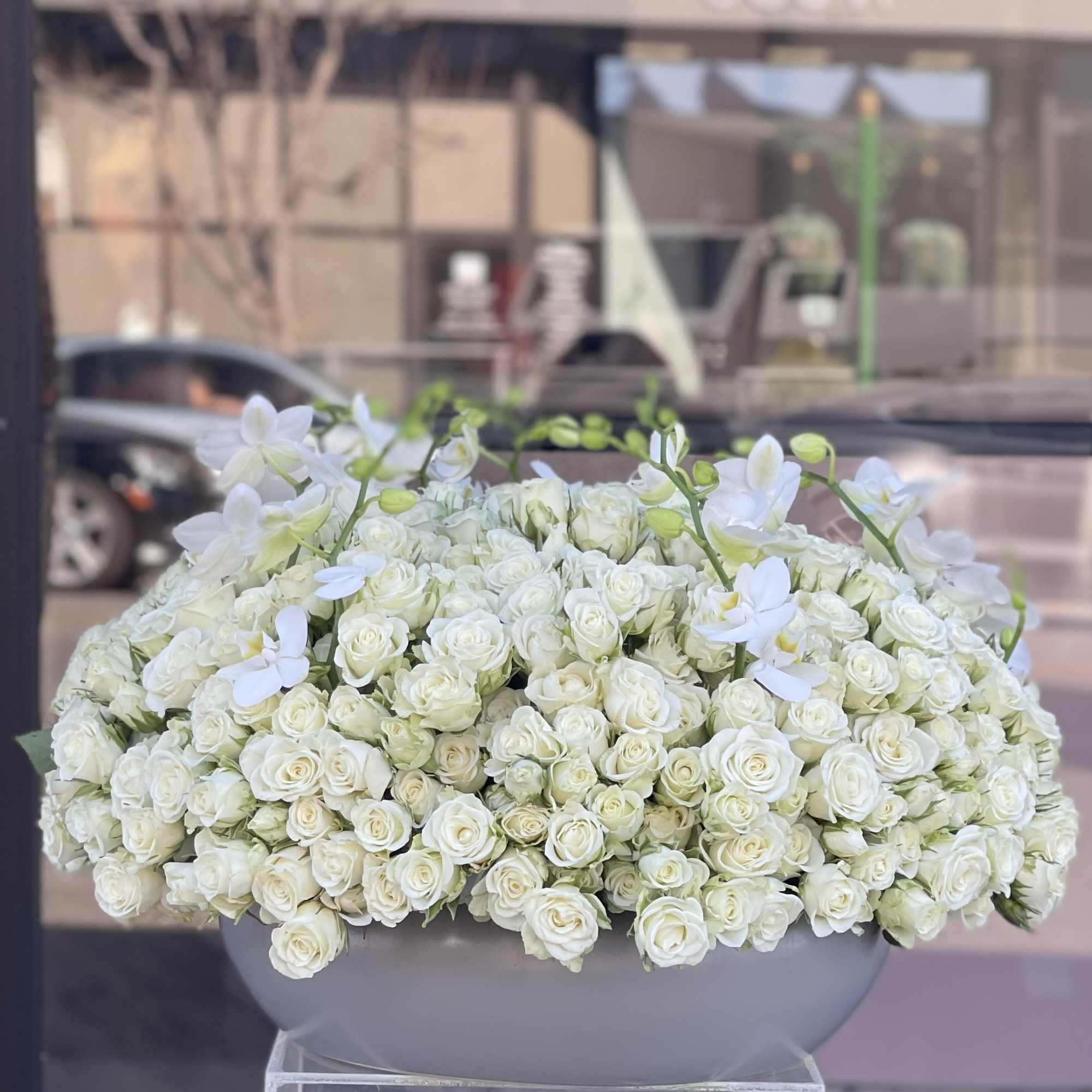 Large white rose arrangement in a gray container with white orchid stems