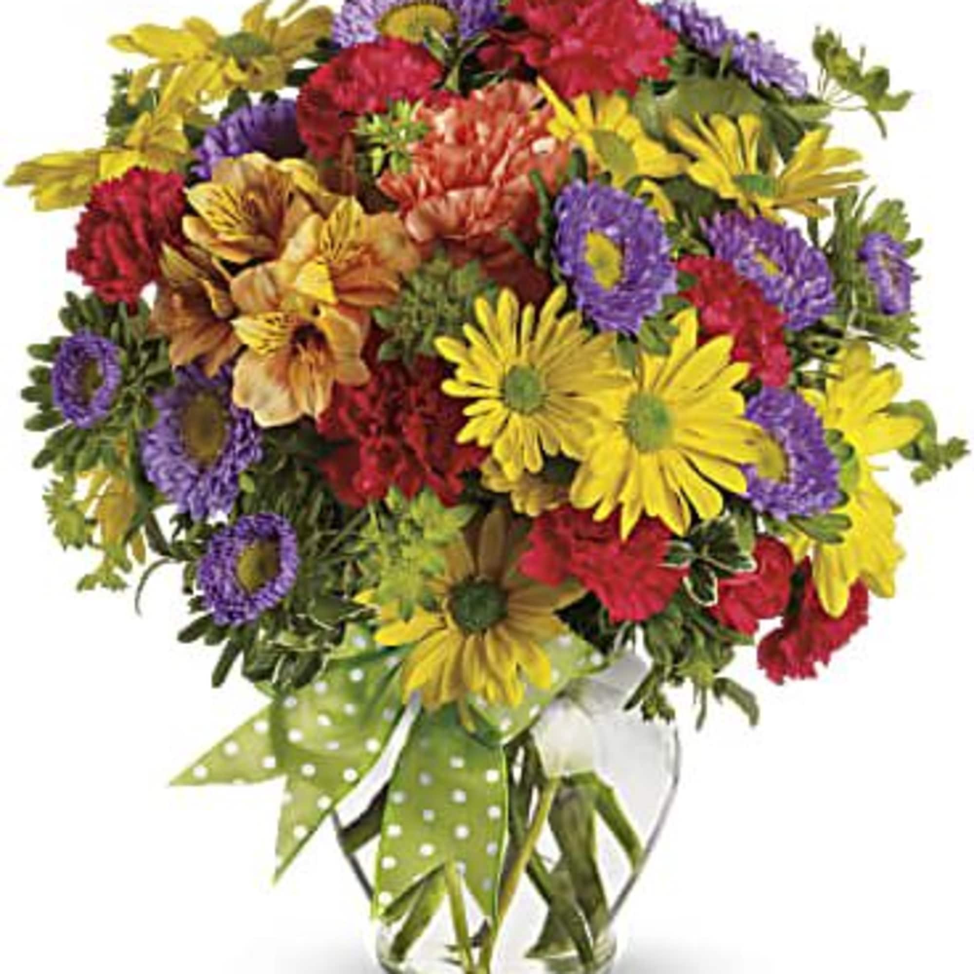 A summery mix of yellow daisy chrysanthemums purple asters and red and