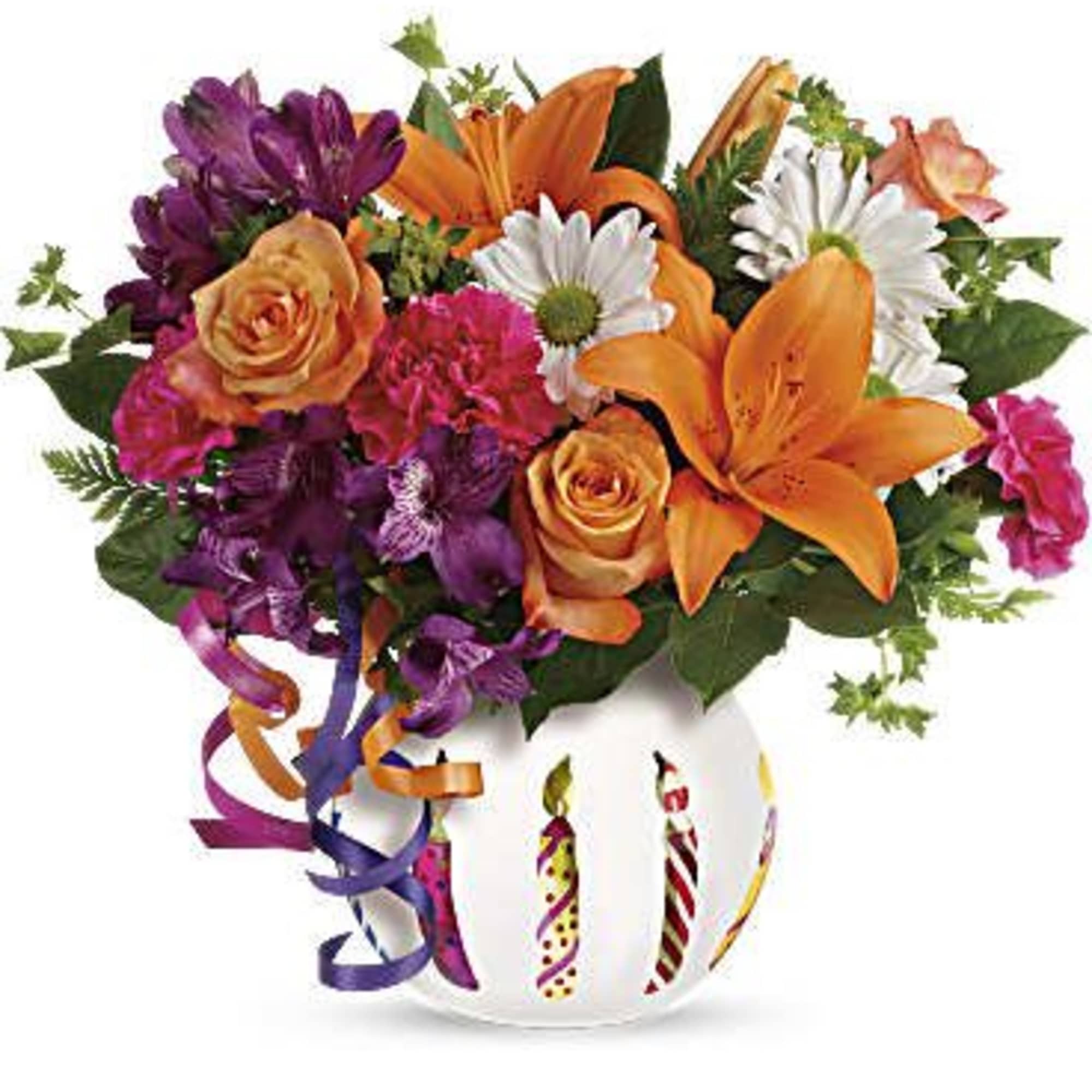 Colorful bouquet in a white pumpkin vase with ribbon curls