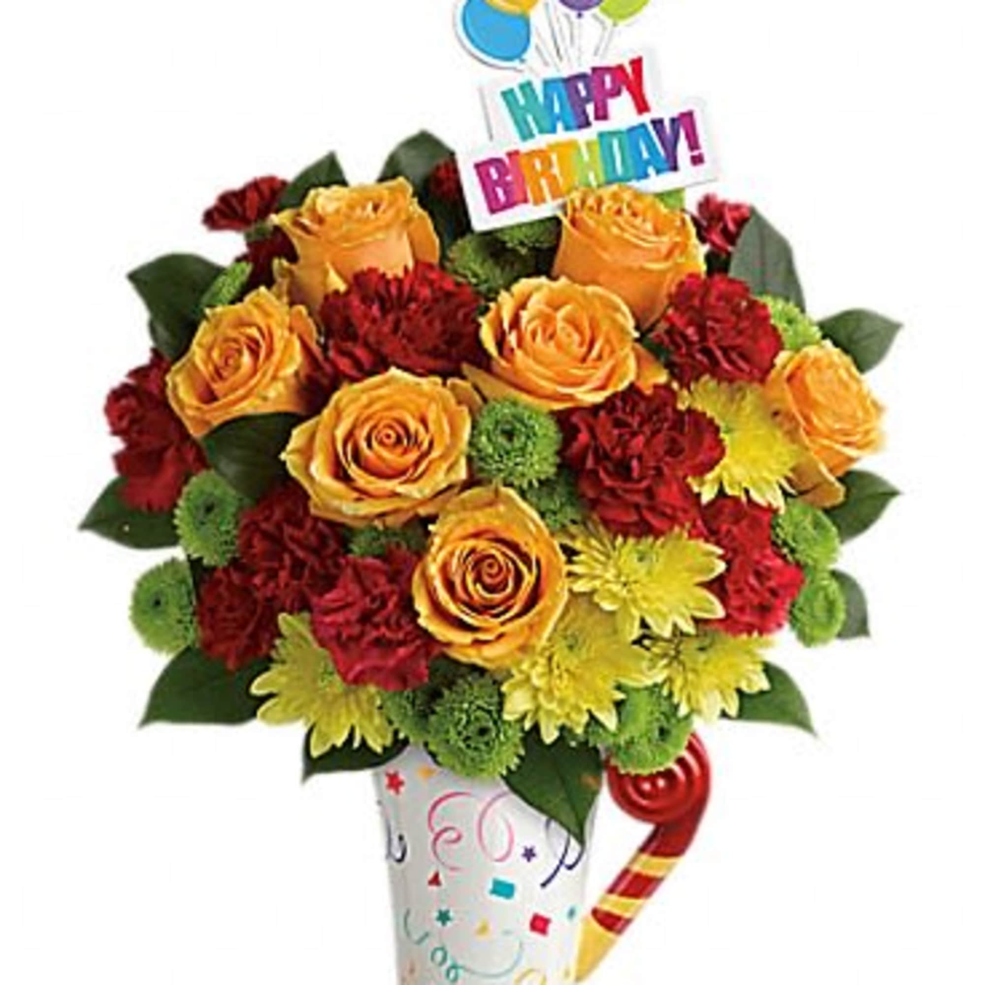Birthday bouquet of roses and mums in a decorated cup with balloons