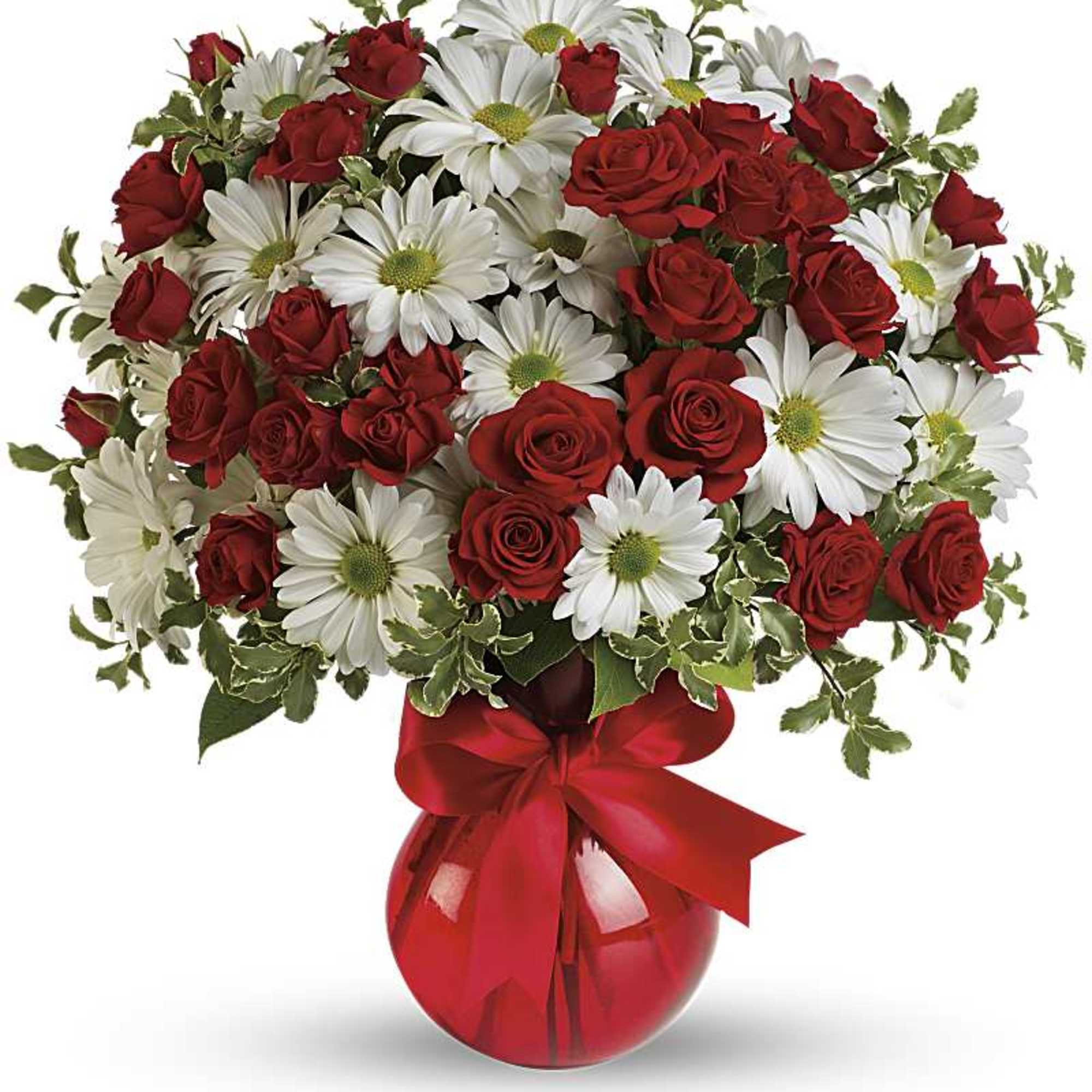Red roses and white daisies in a red vase with a ribbon