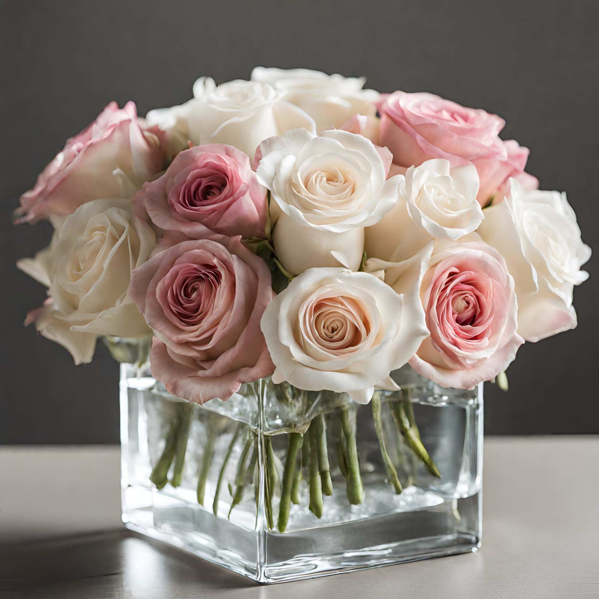 Pink and white roses arranged in a clear square glass vase