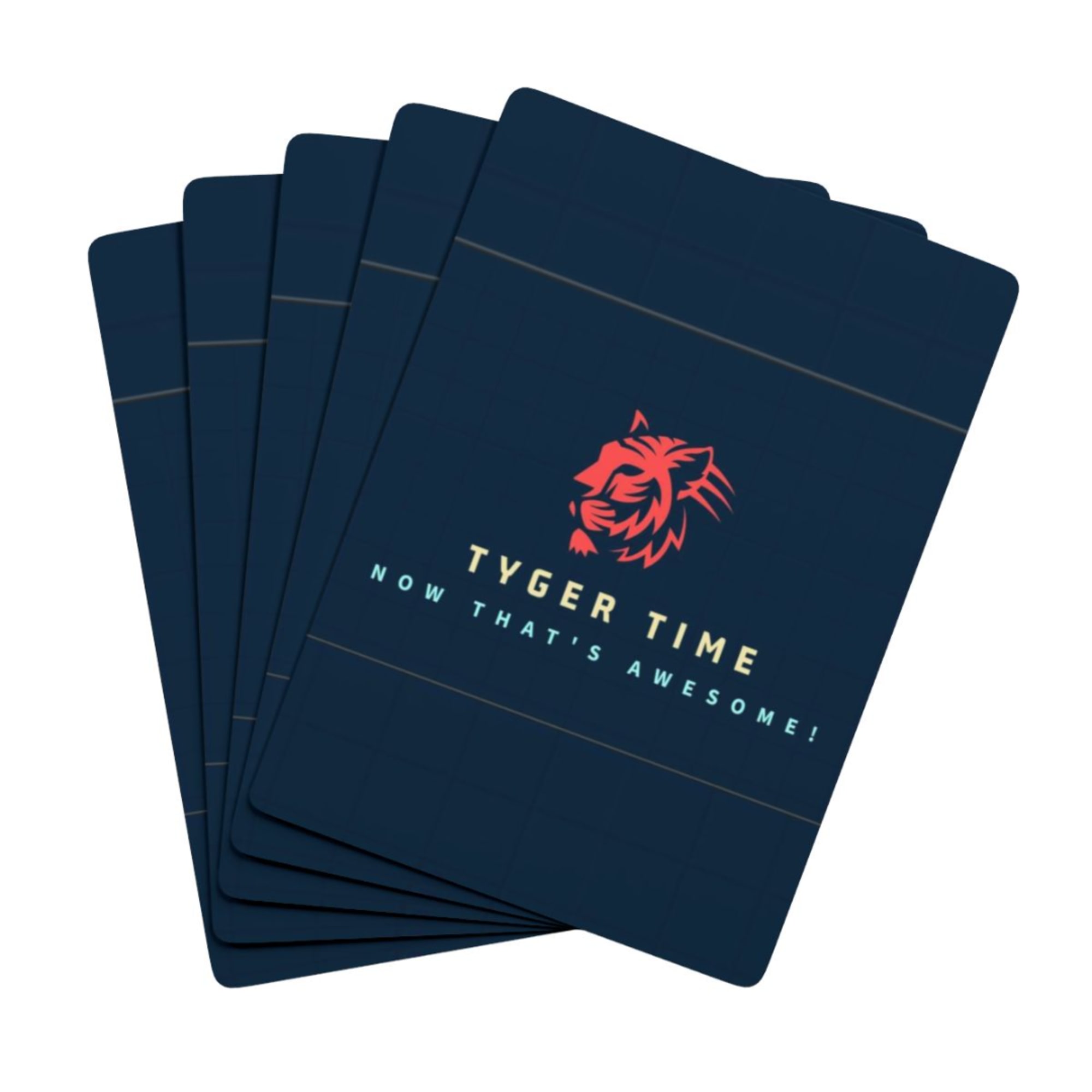 Stack of dark blue gift cards with a tiger logo and text