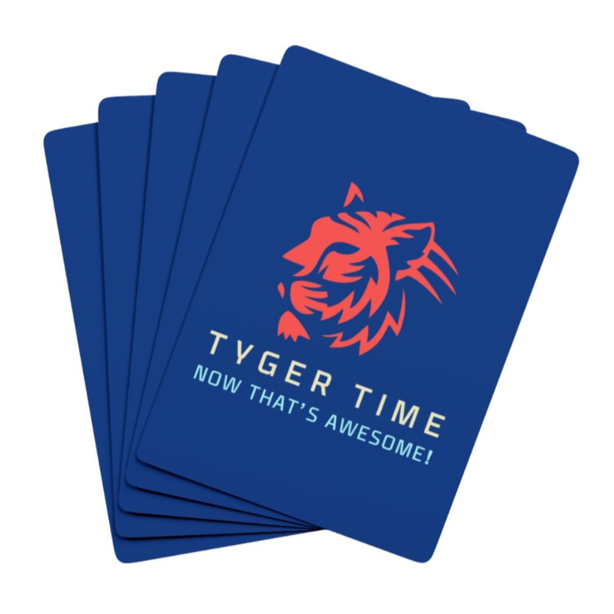 Stack of blue cards with a tiger graphic and text