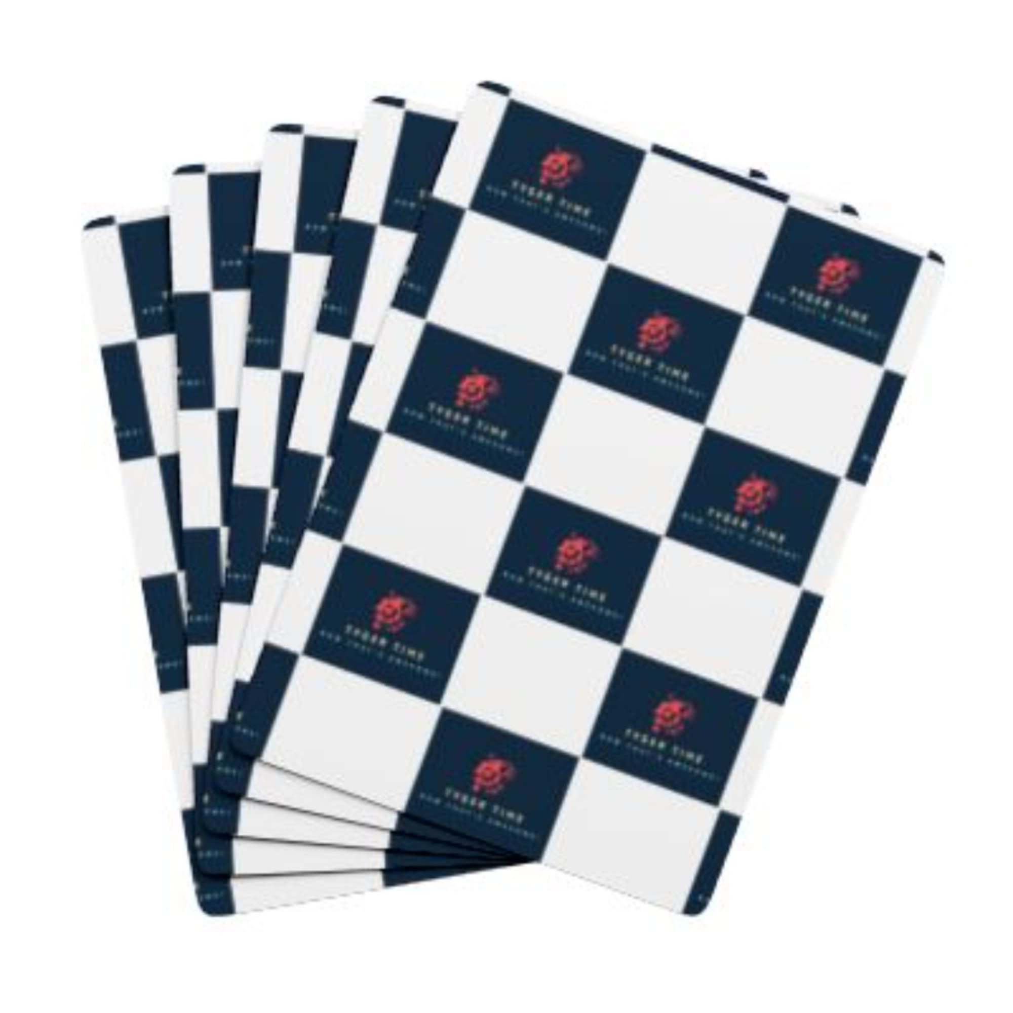 Stack of navy and white checkered floral wrapping sheets with a logo print