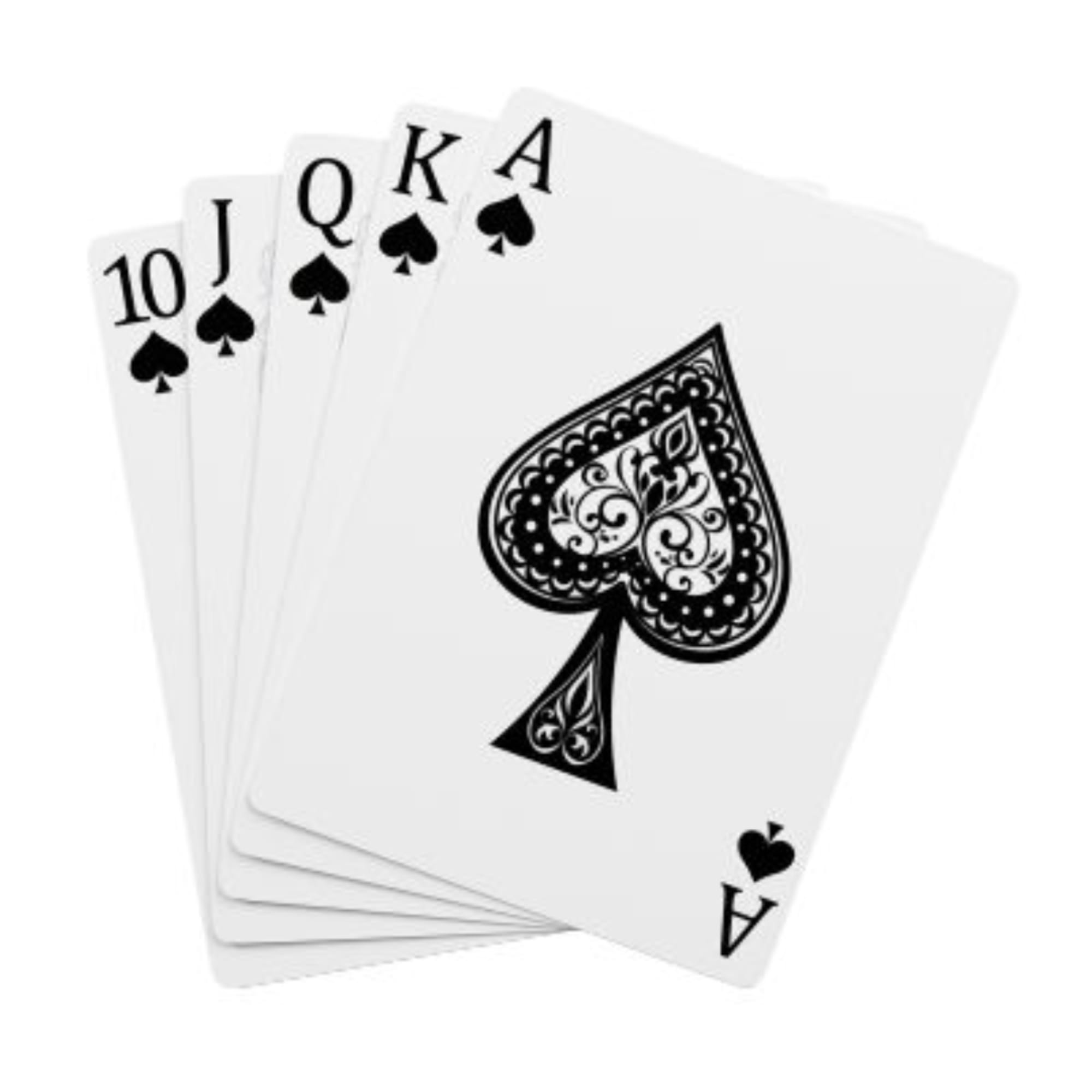 Fan of playing cards showing a spade royal flush