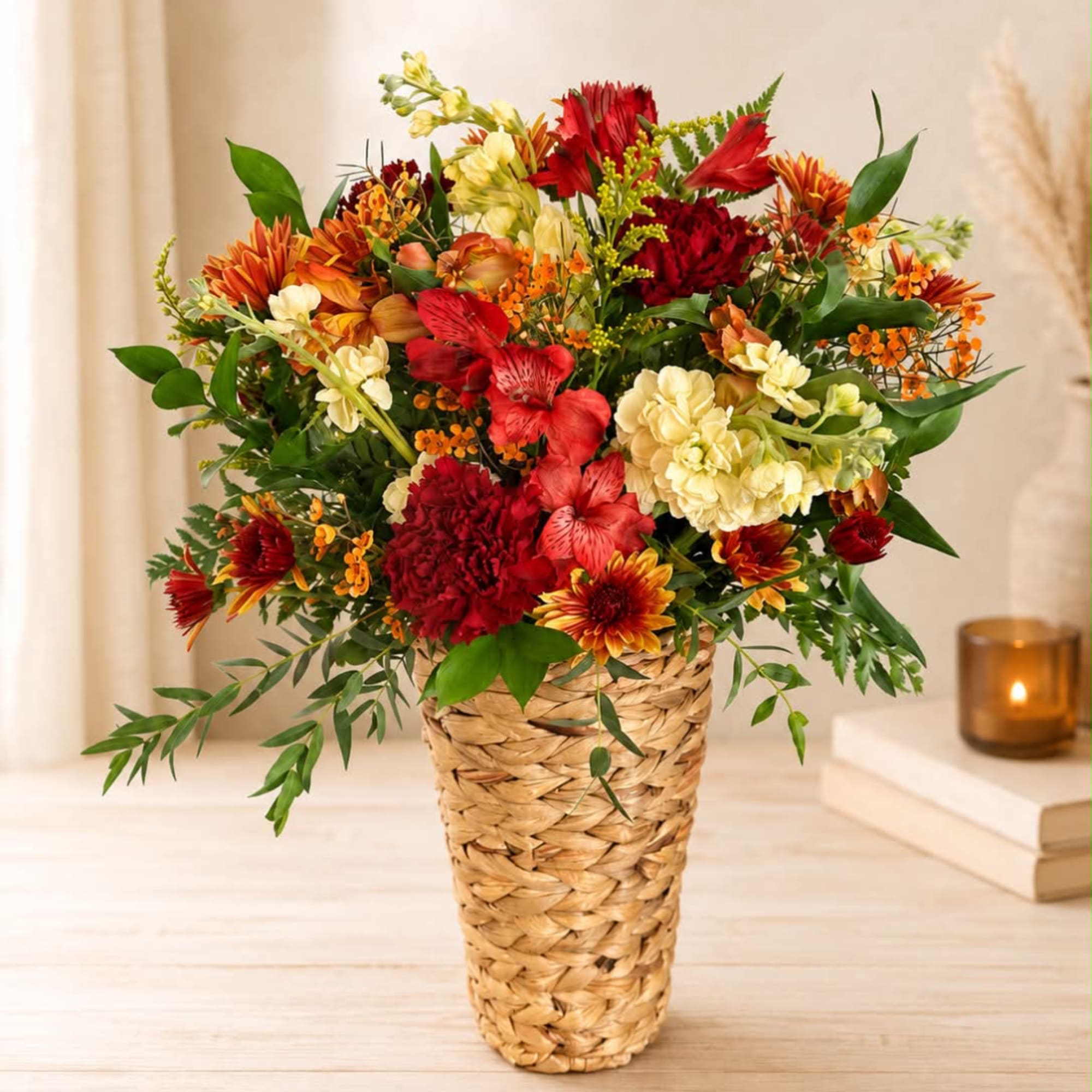 Mixed red, orange, and cream flowers arranged in a woven basket vase