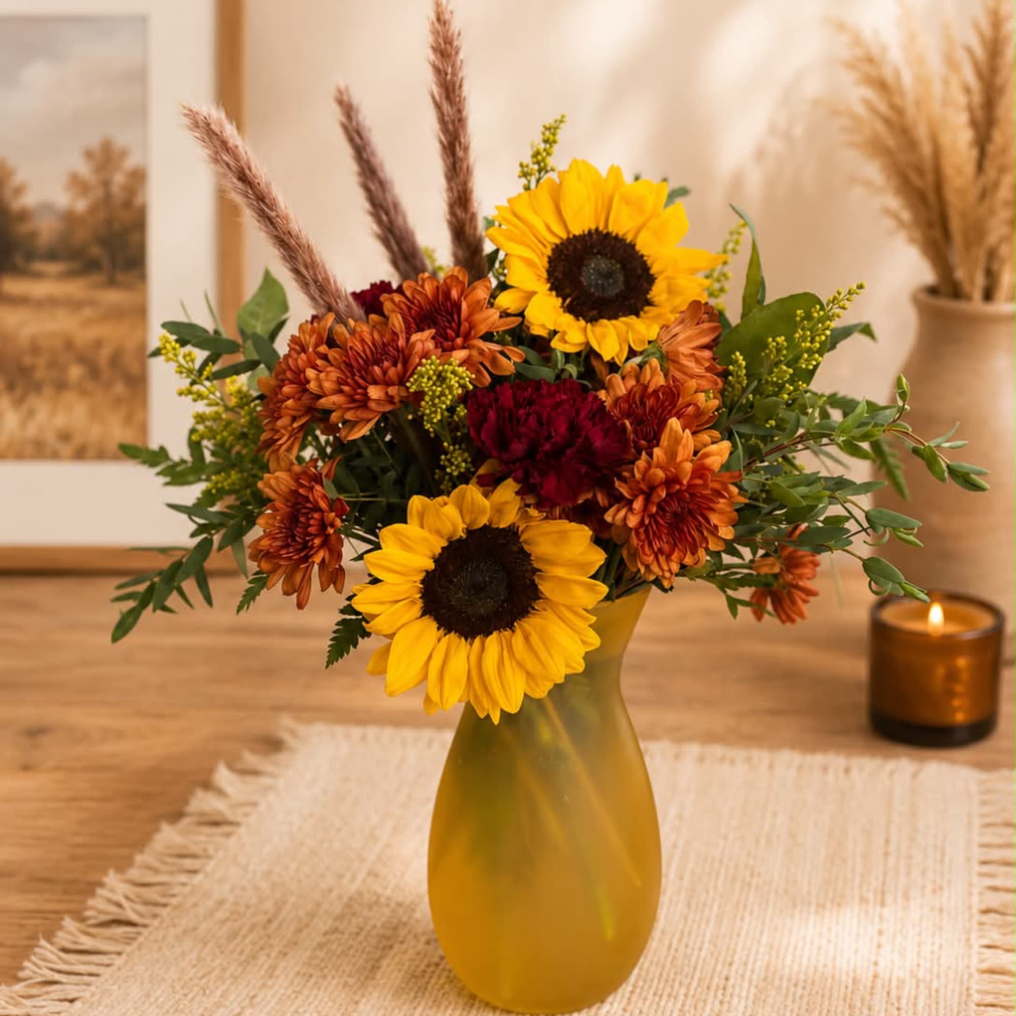Sunflower and chrysanthemum arrangement in a yellow vase