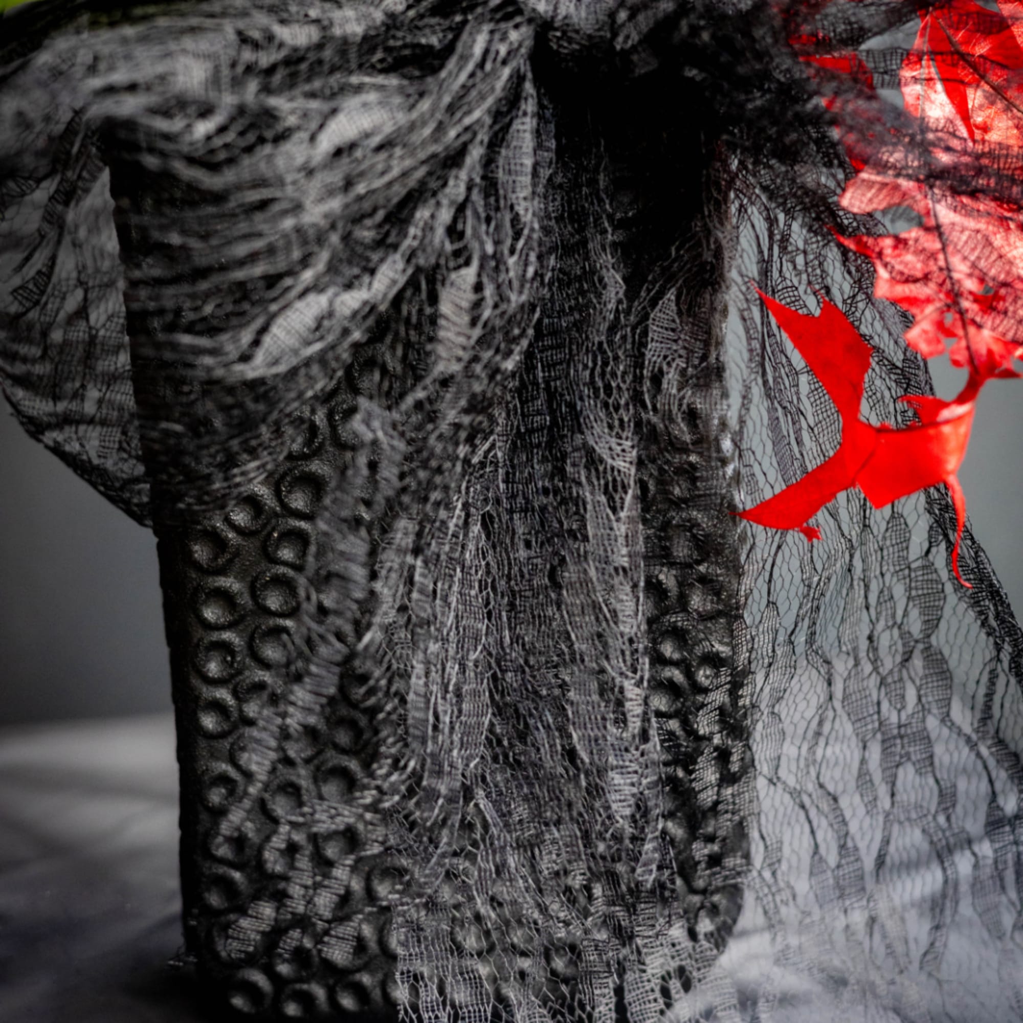 Black lace fabric with red accents draped over a surface
