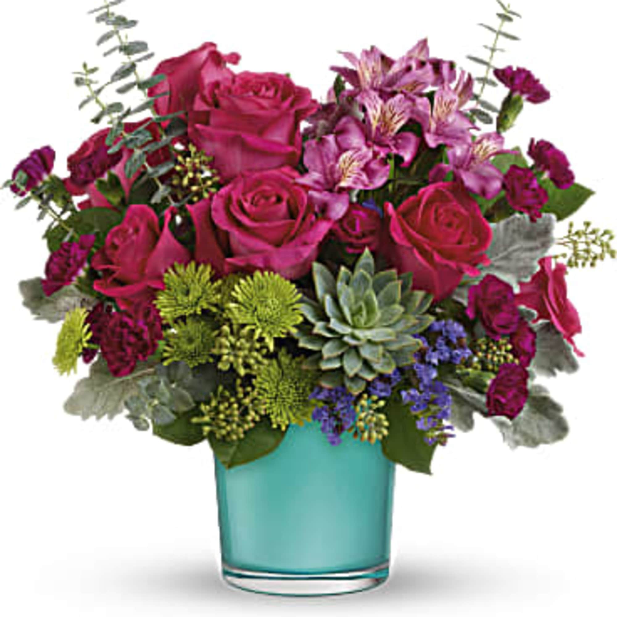 This wondrous arrangement features dark pink roses, dark pink alstroemeria, miniature purple, photo 3 of 3
