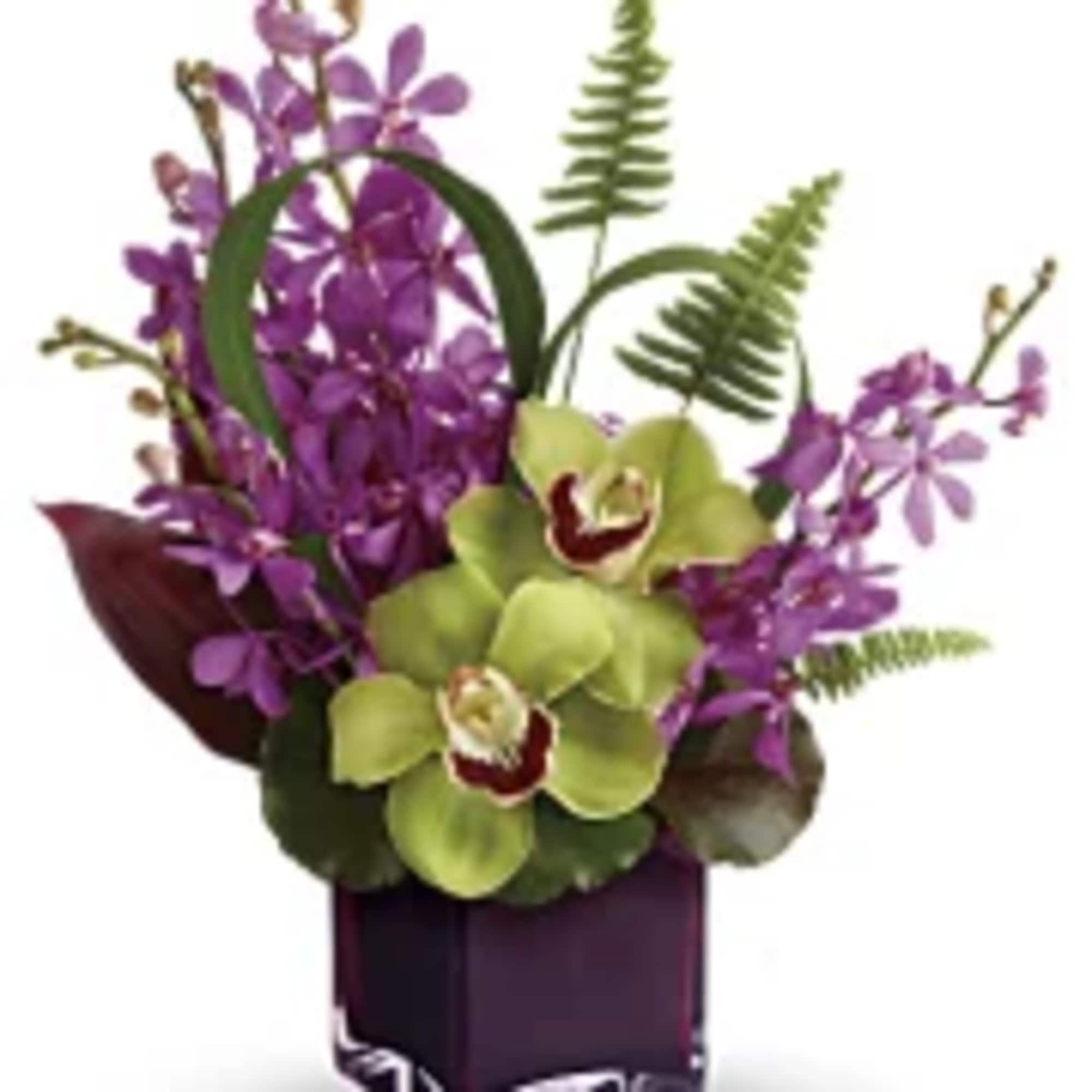 Purple orchids and green orchids in a dark vase