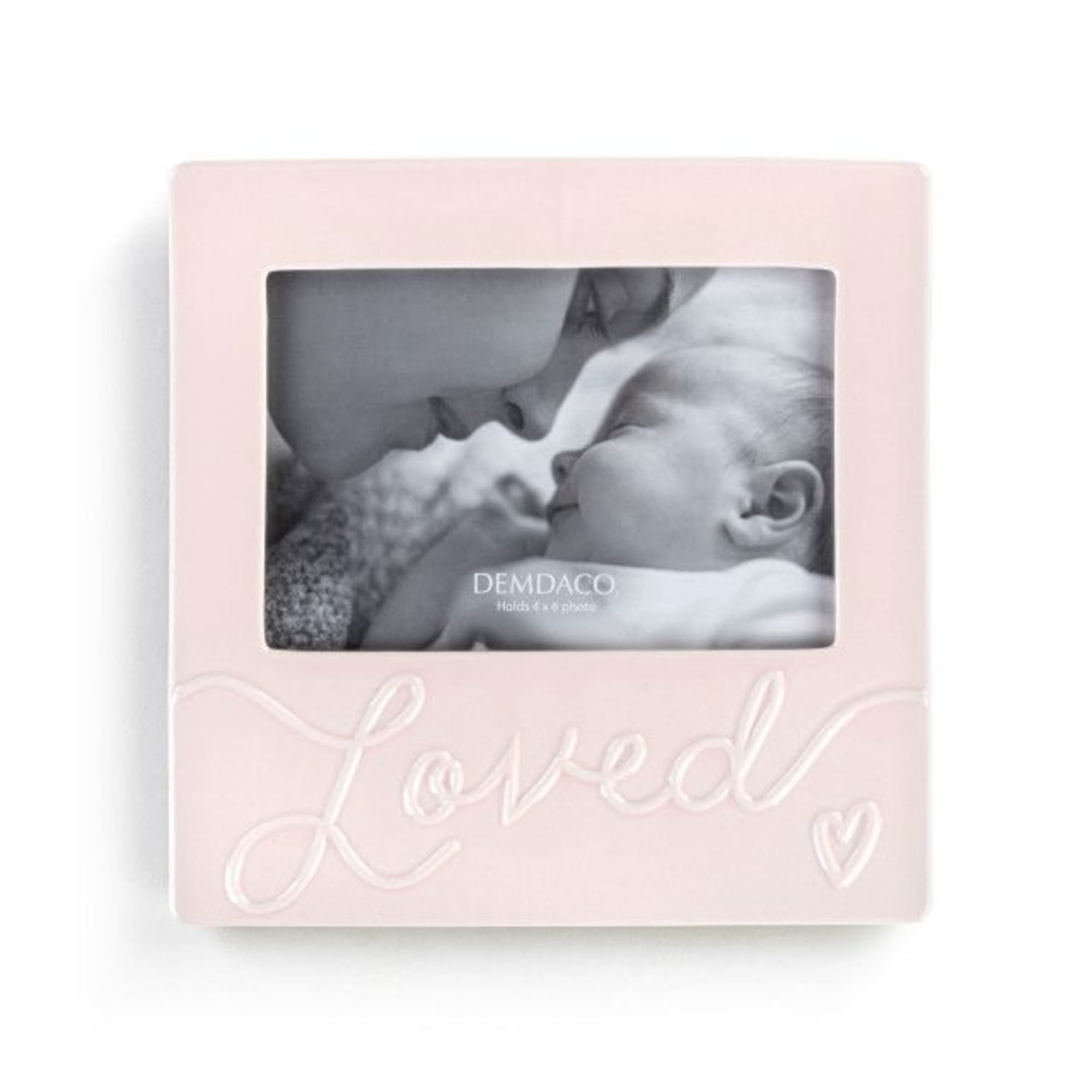 Pink photo frame with a baby picture and the word Loved