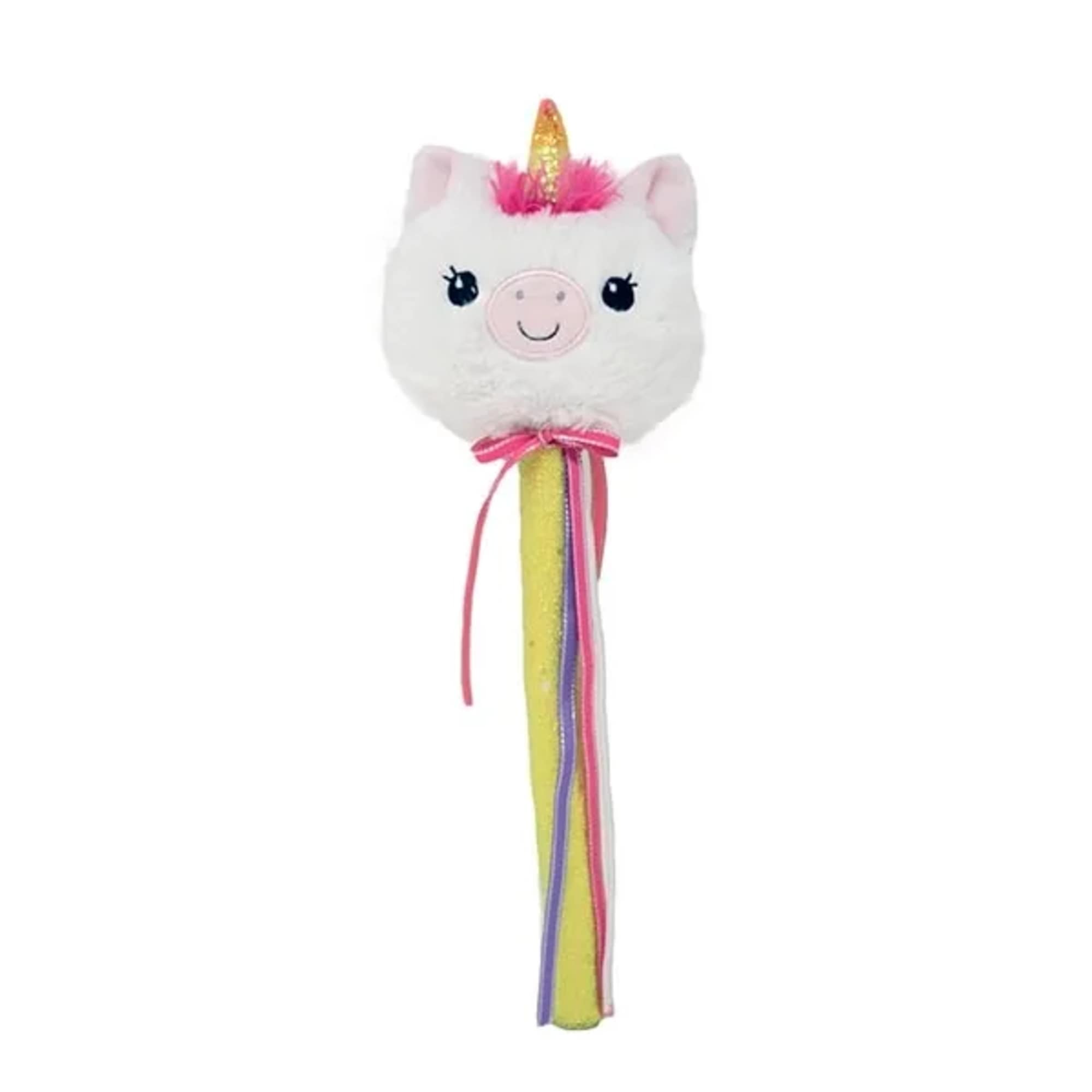 Unicorn plush topper with a rainbow ribbon tail on a stick