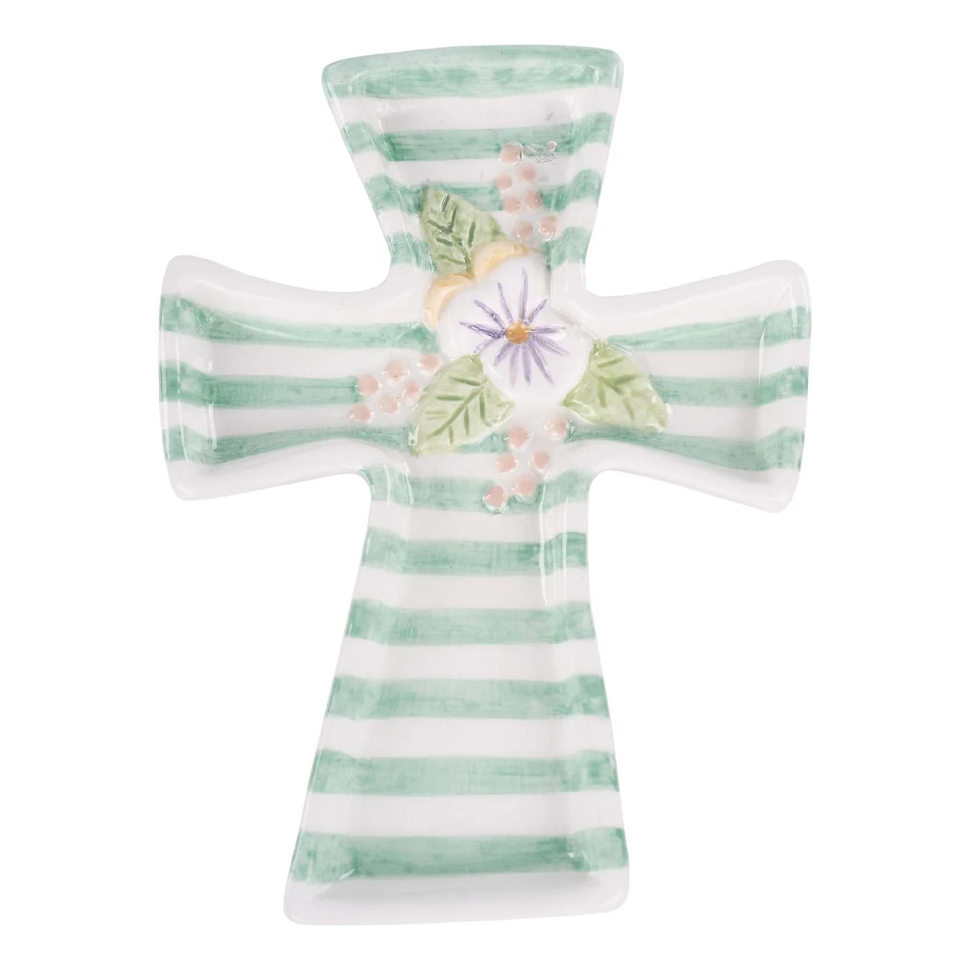 Ceramic cross with green stripes and a small floral motif
