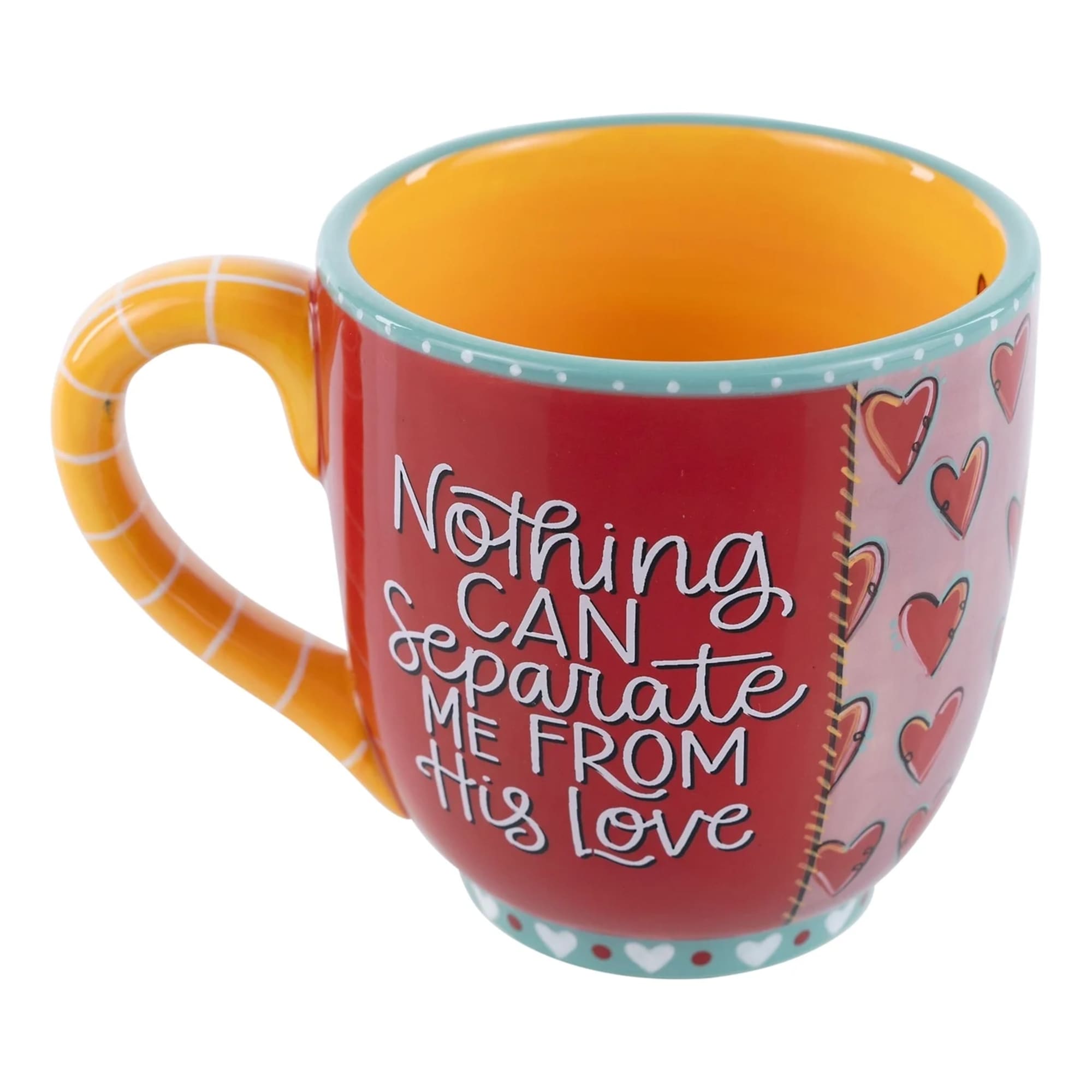 Heart-themed mug with the phrase "Nothing can separate me from His love"