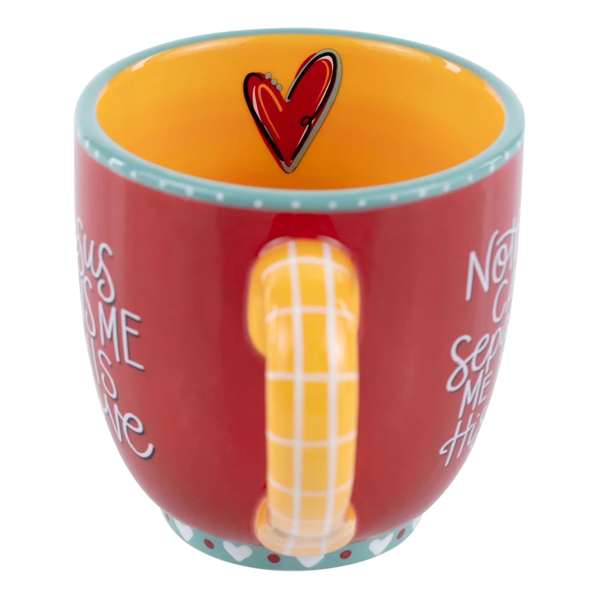Red ceramic mug with a yellow interior and heart design