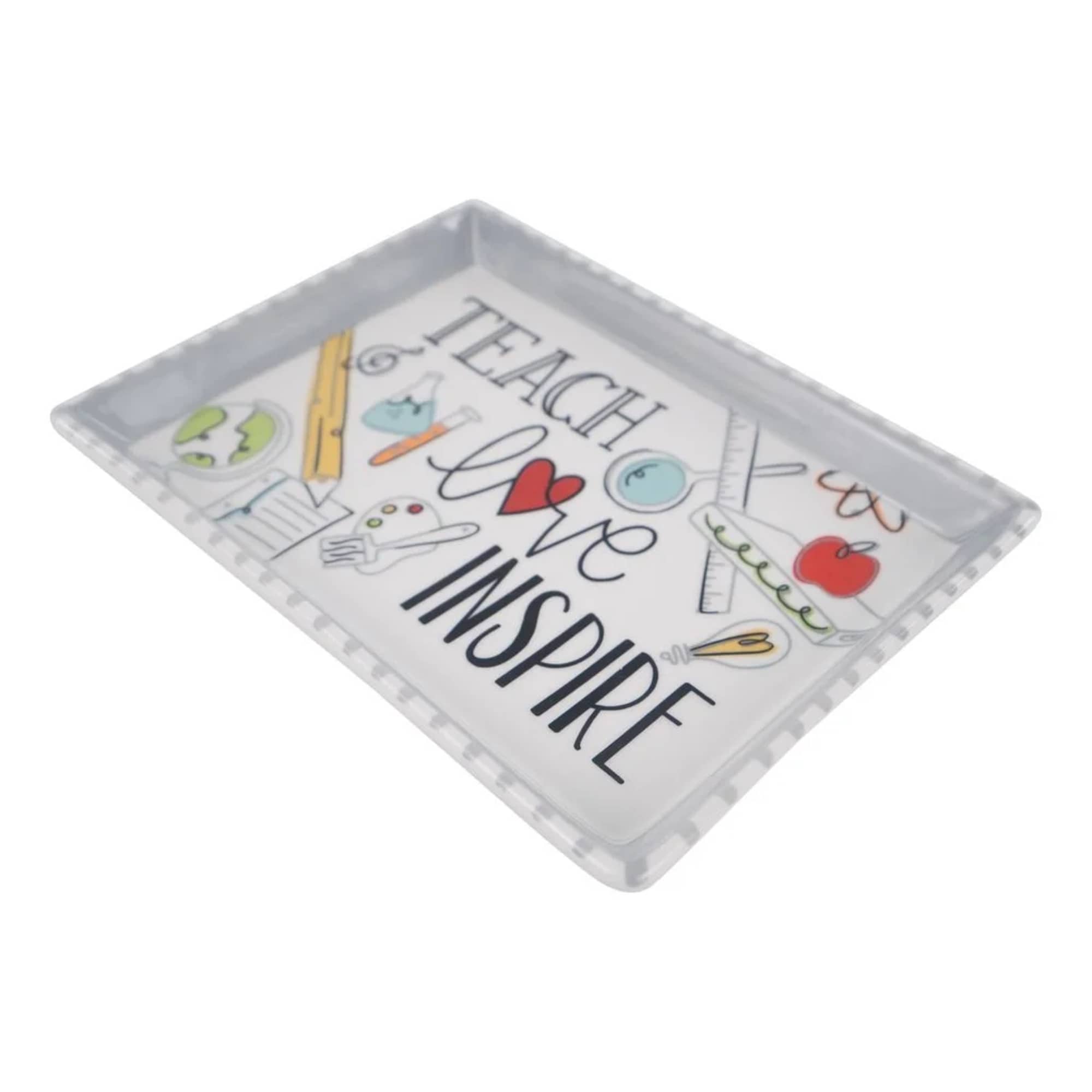 Decorative tray with the words "Teach Love Inspire" and school-themed icons