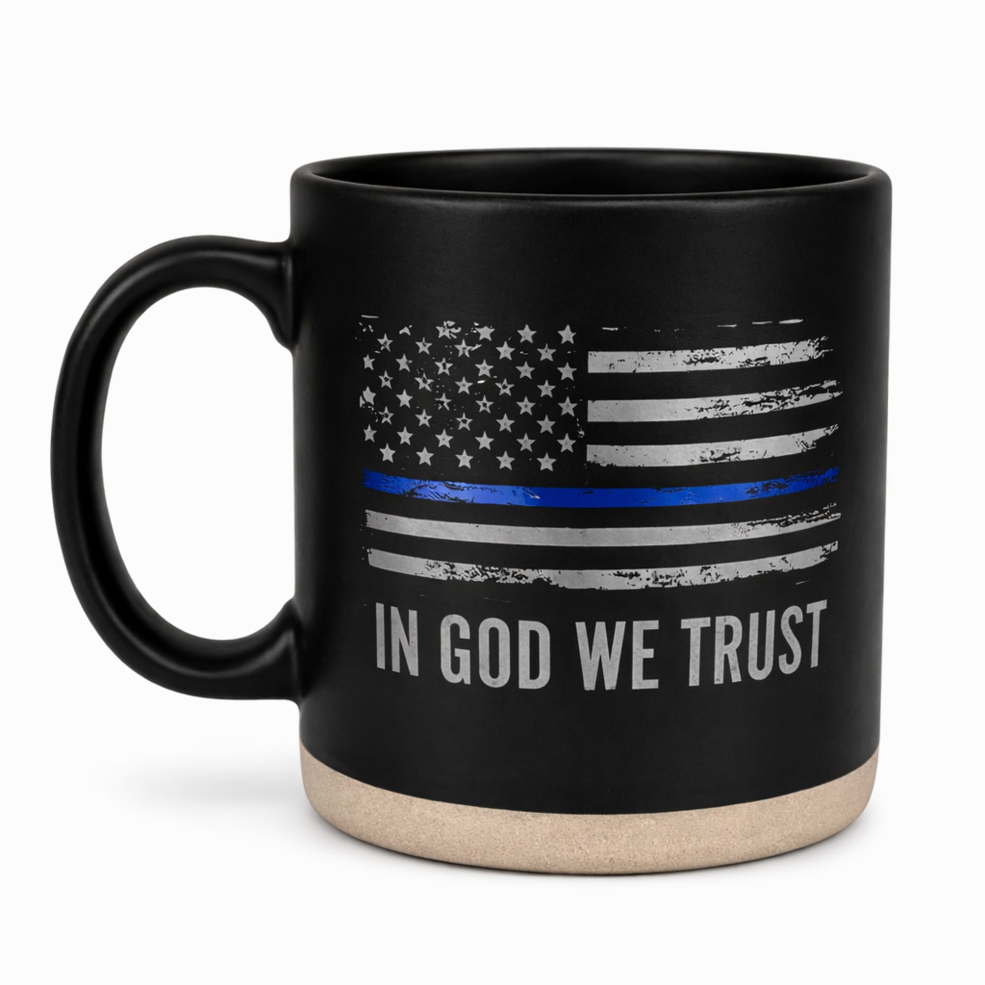 Black mug with a distressed American flag and "In God We Trust" text