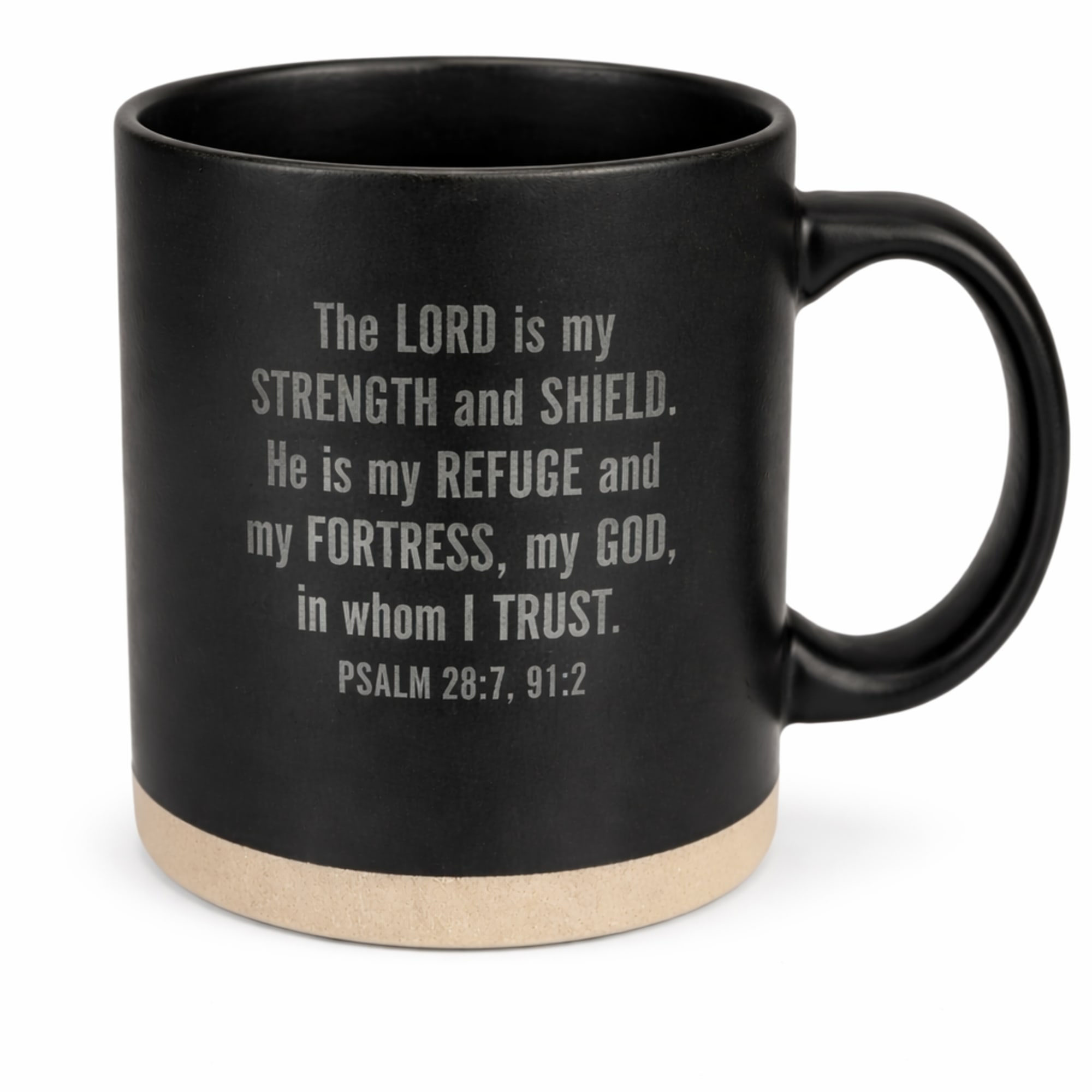 Black mug with a Bible verse and beige base
