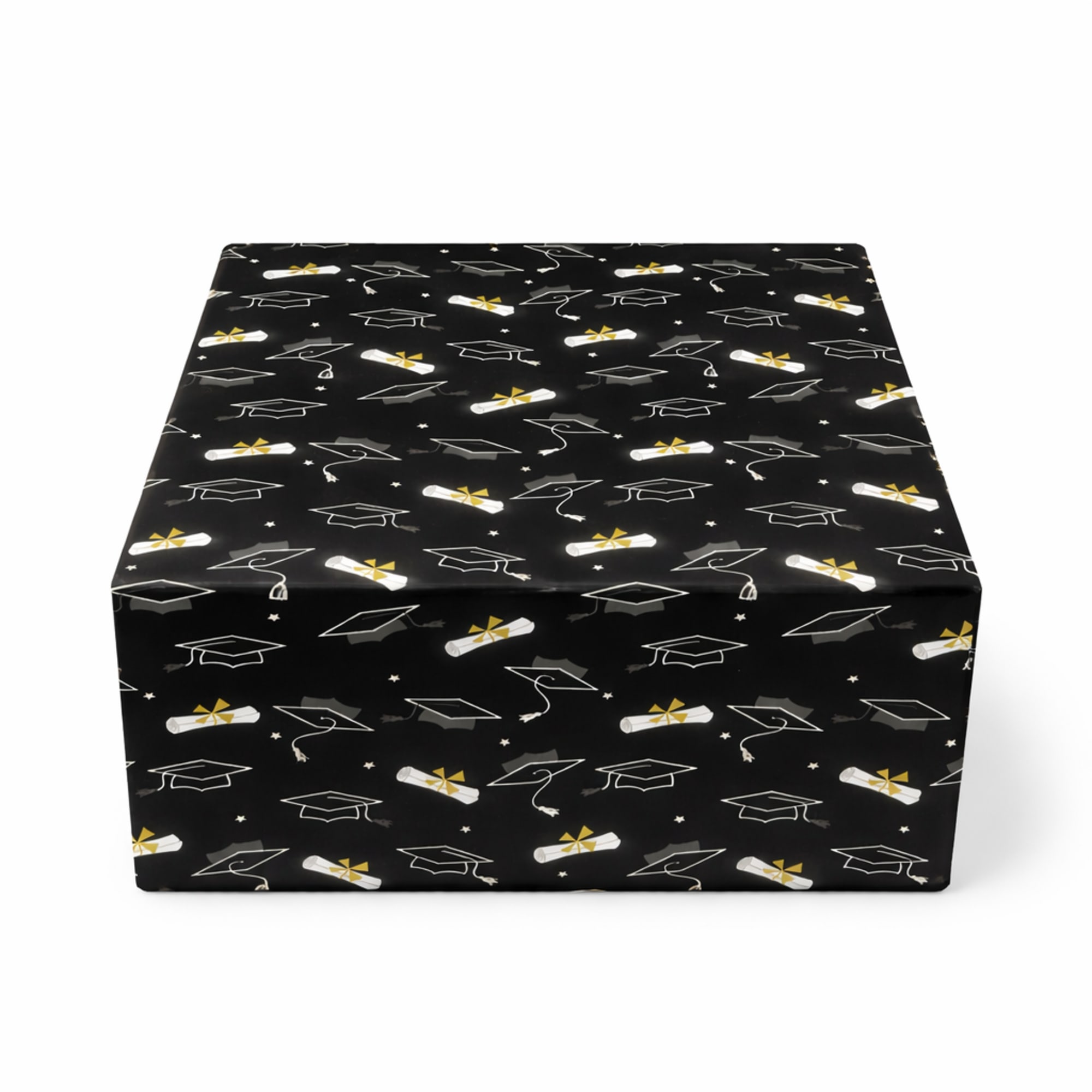 A black graduation gift box decorated with graduation caps and diploma patterns.