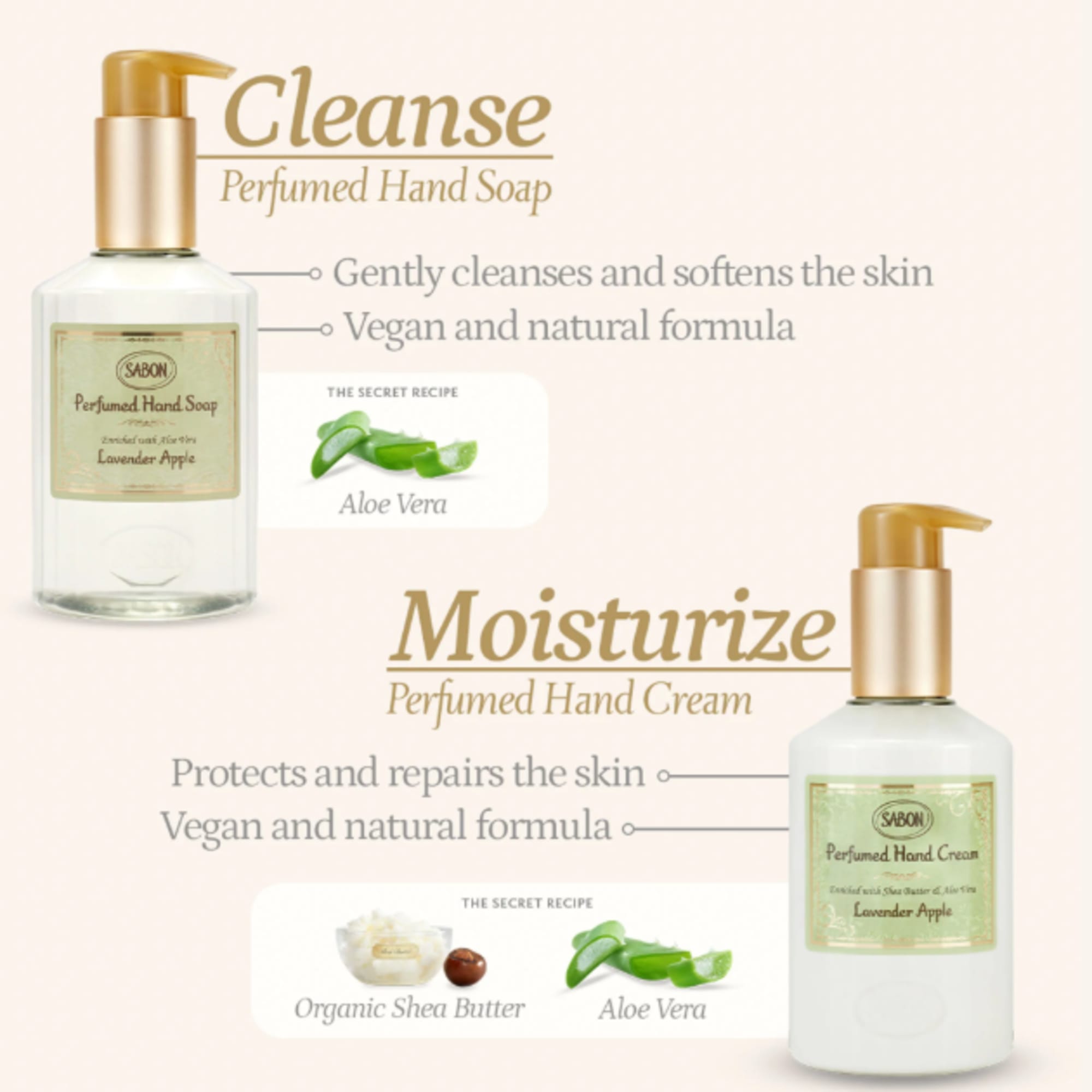 Two pump bottles of perfumed hand soap and hand cream on a pale background.
