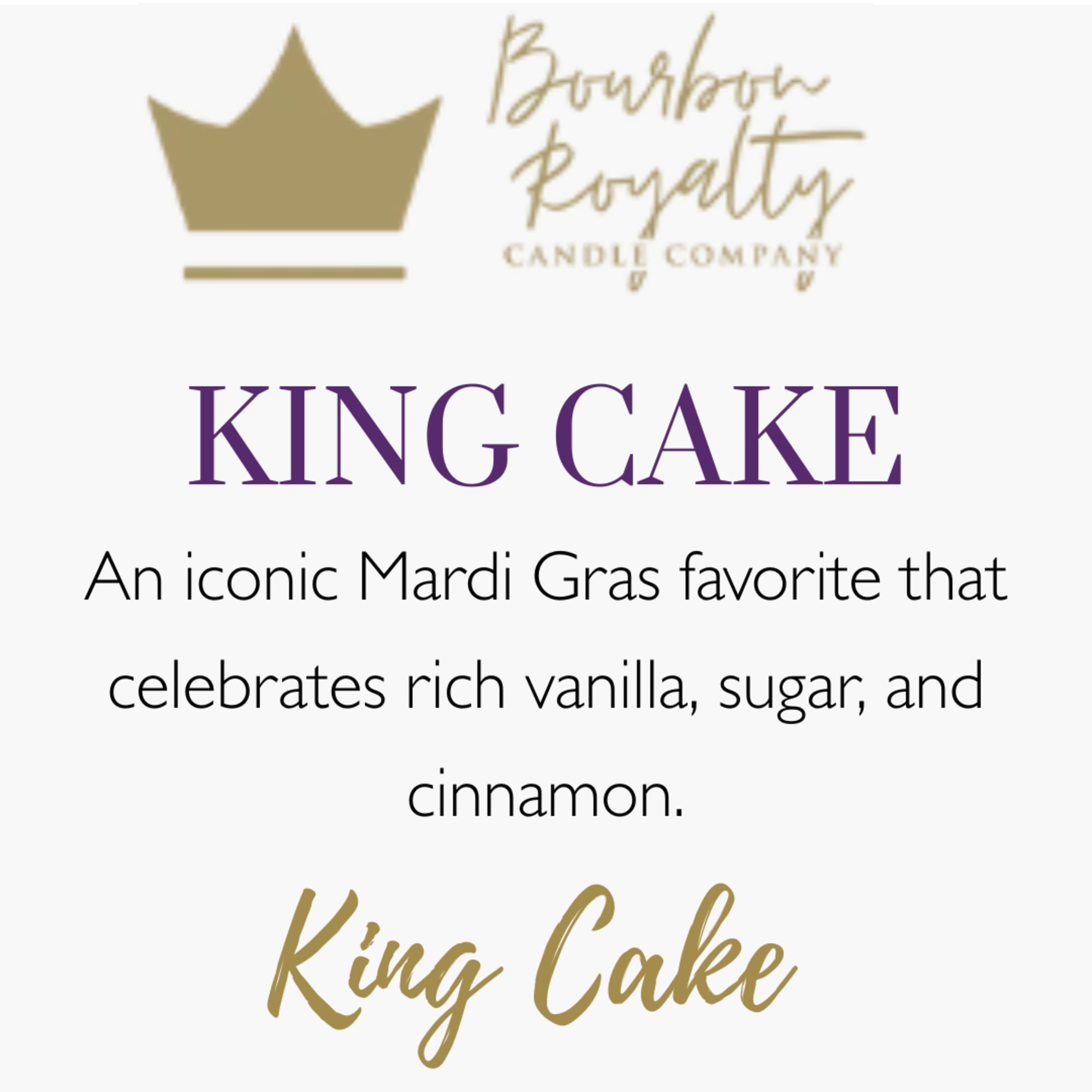 Text graphic for King Cake with a crown logo and candle company name