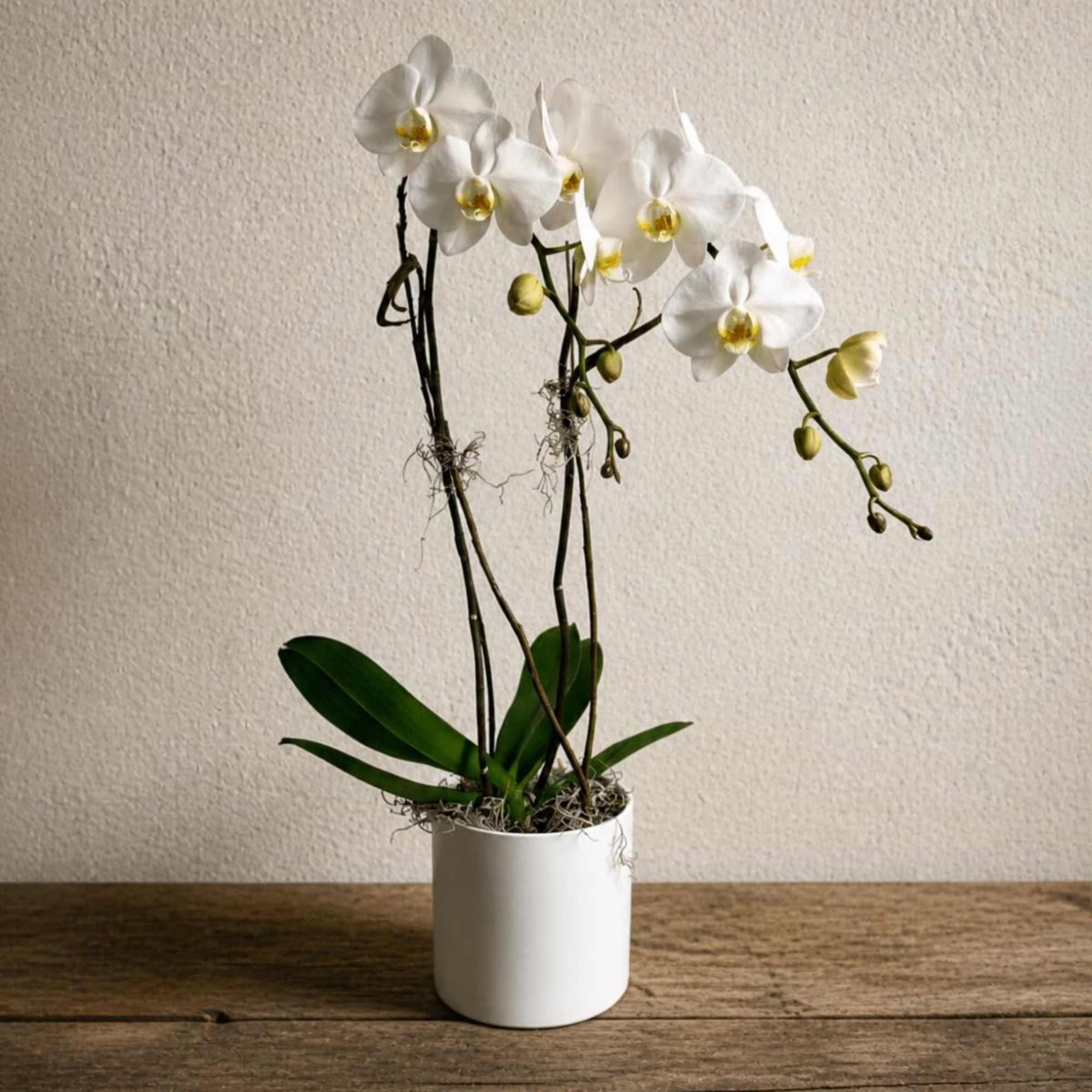 White orchid plant in a white pot on a wooden table