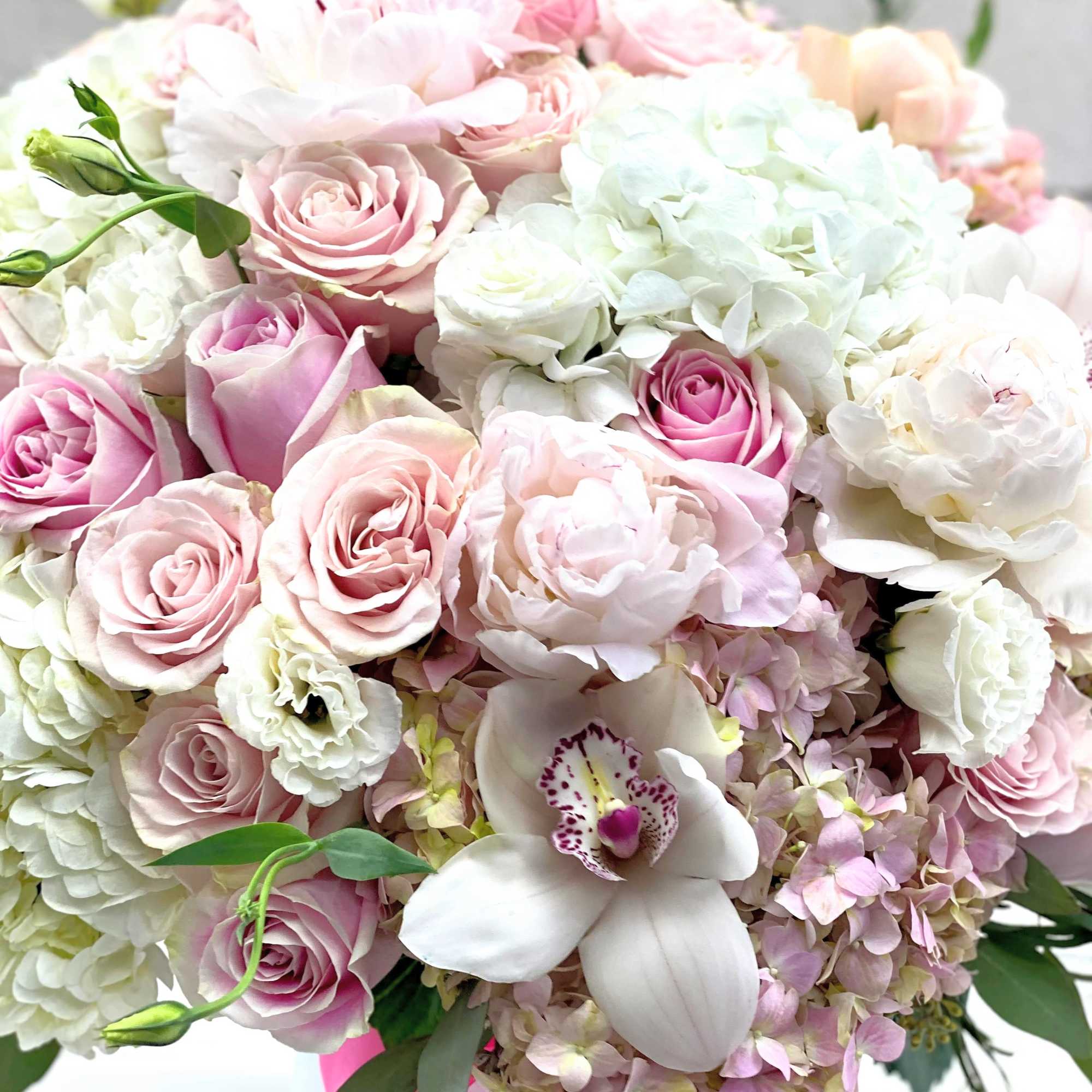 Pink and white bouquet with roses, hydrangeas, and an orchid