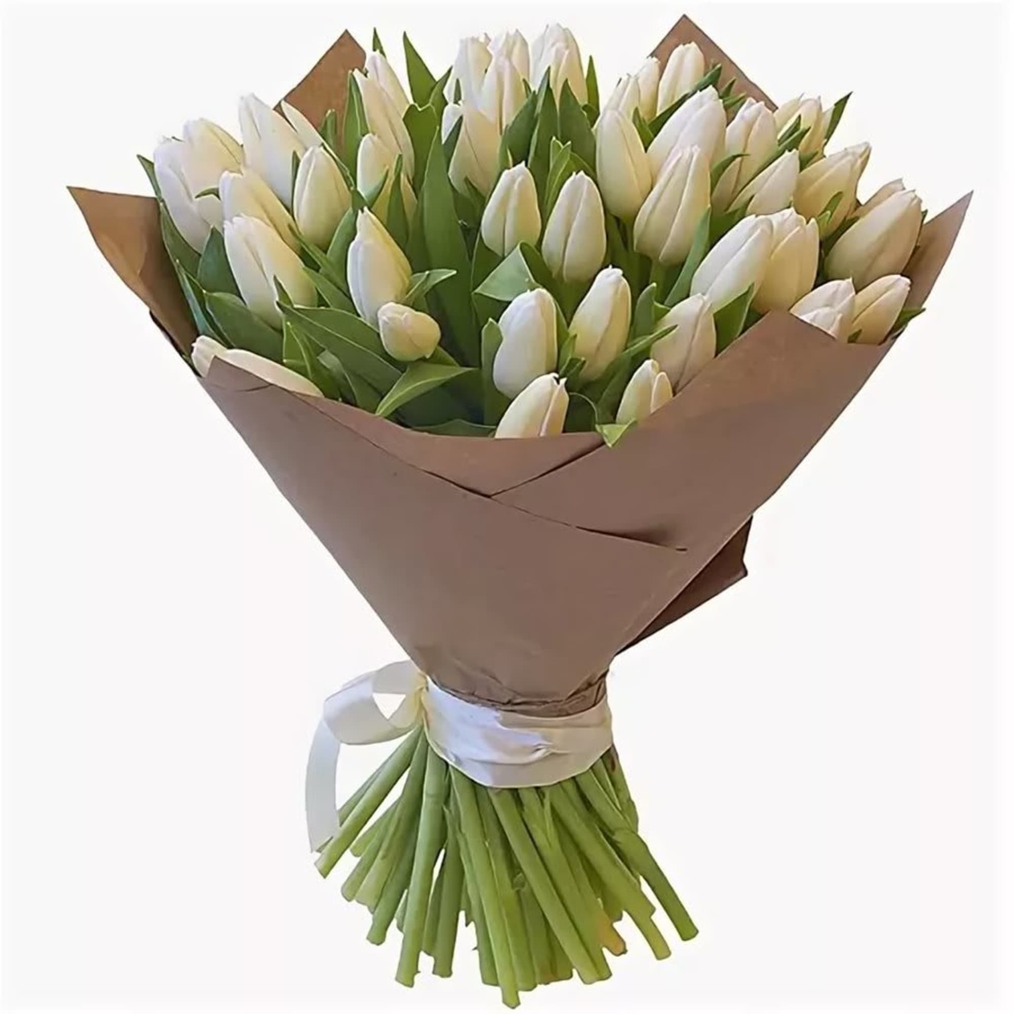 Bouquet of white tulips wrapped in brown paper with a white ribbon, photo 4 of 4