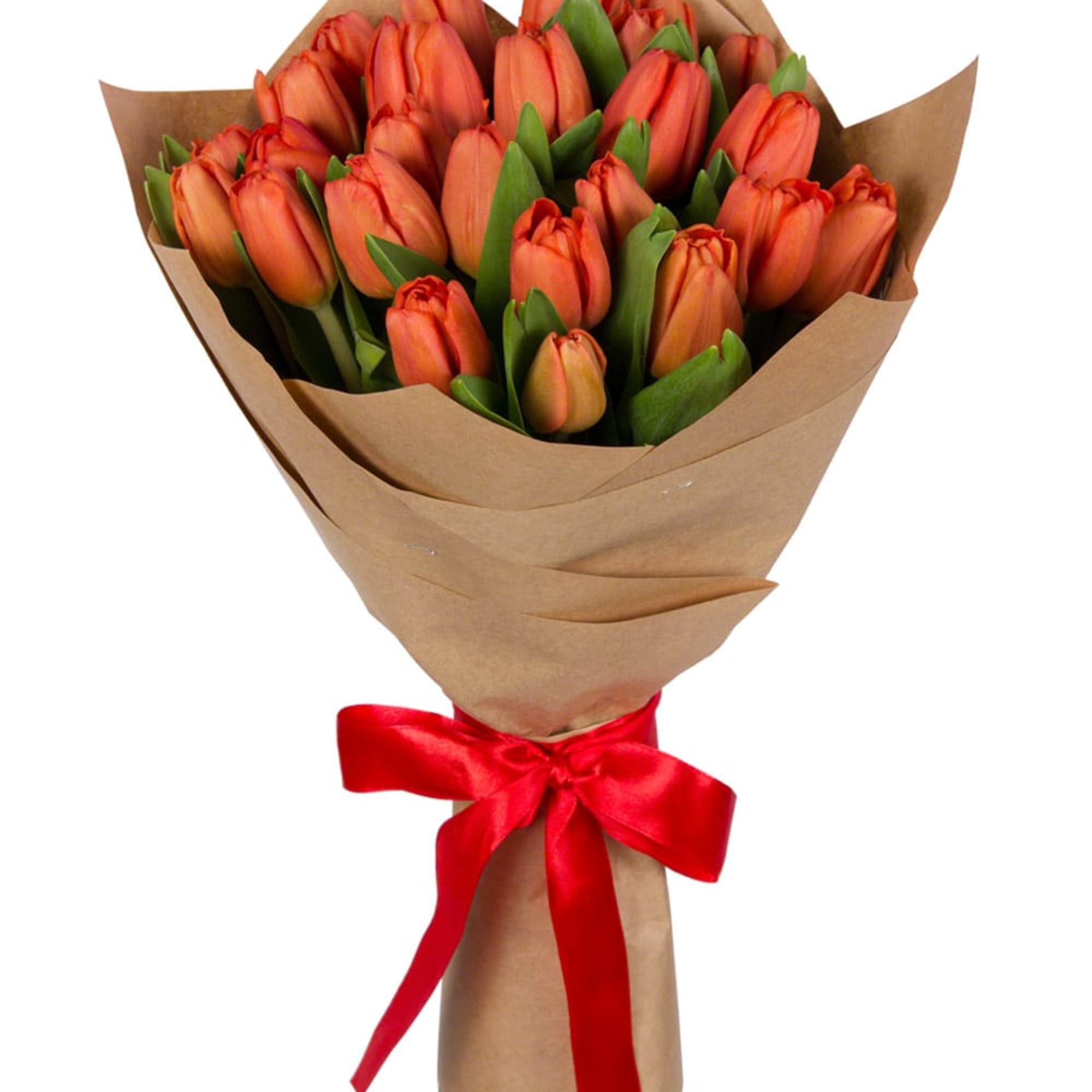 Bouquet of orange tulips wrapped in brown paper with a red ribbon