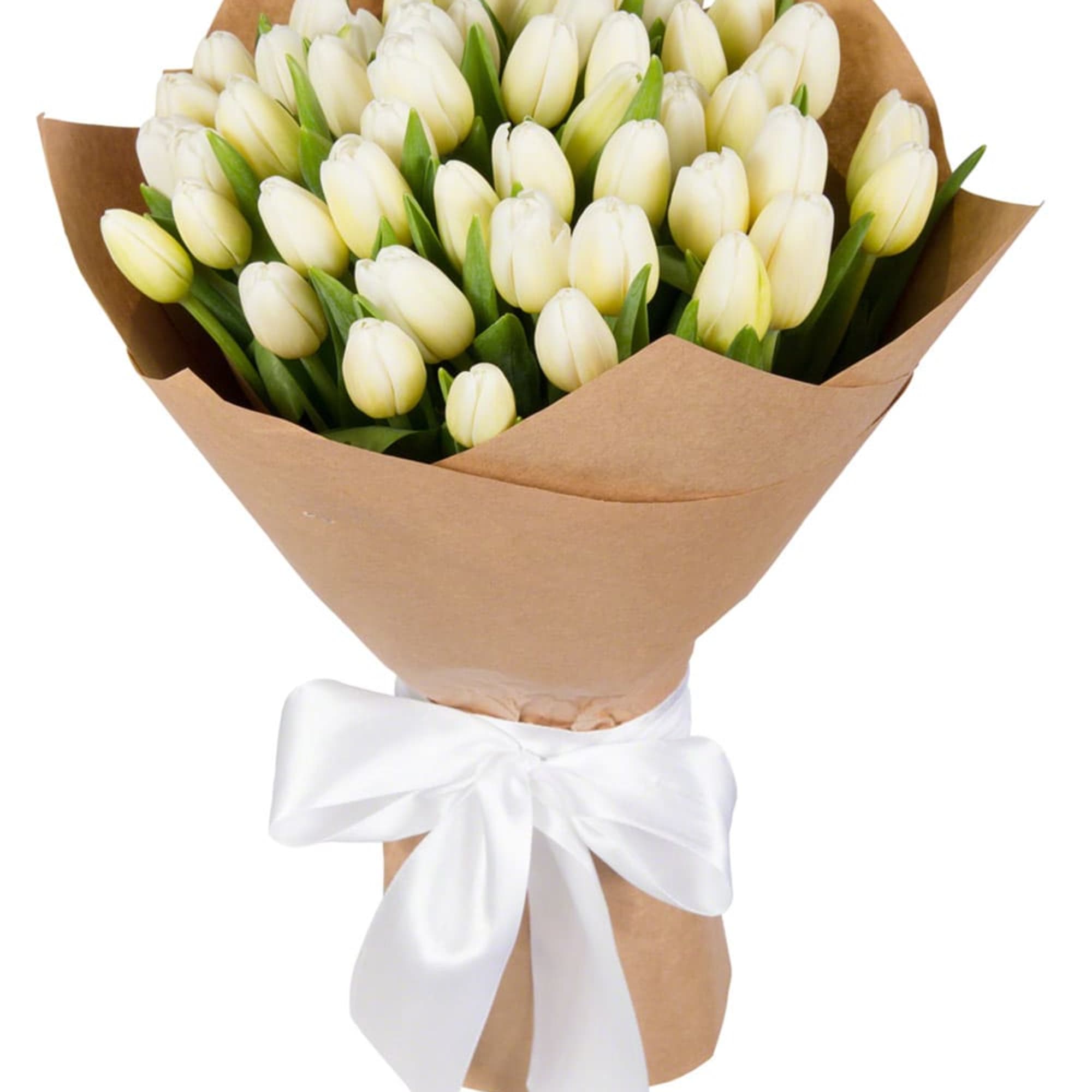 Bouquet of white tulips wrapped in brown paper with a white ribbon, photo 3 of 4