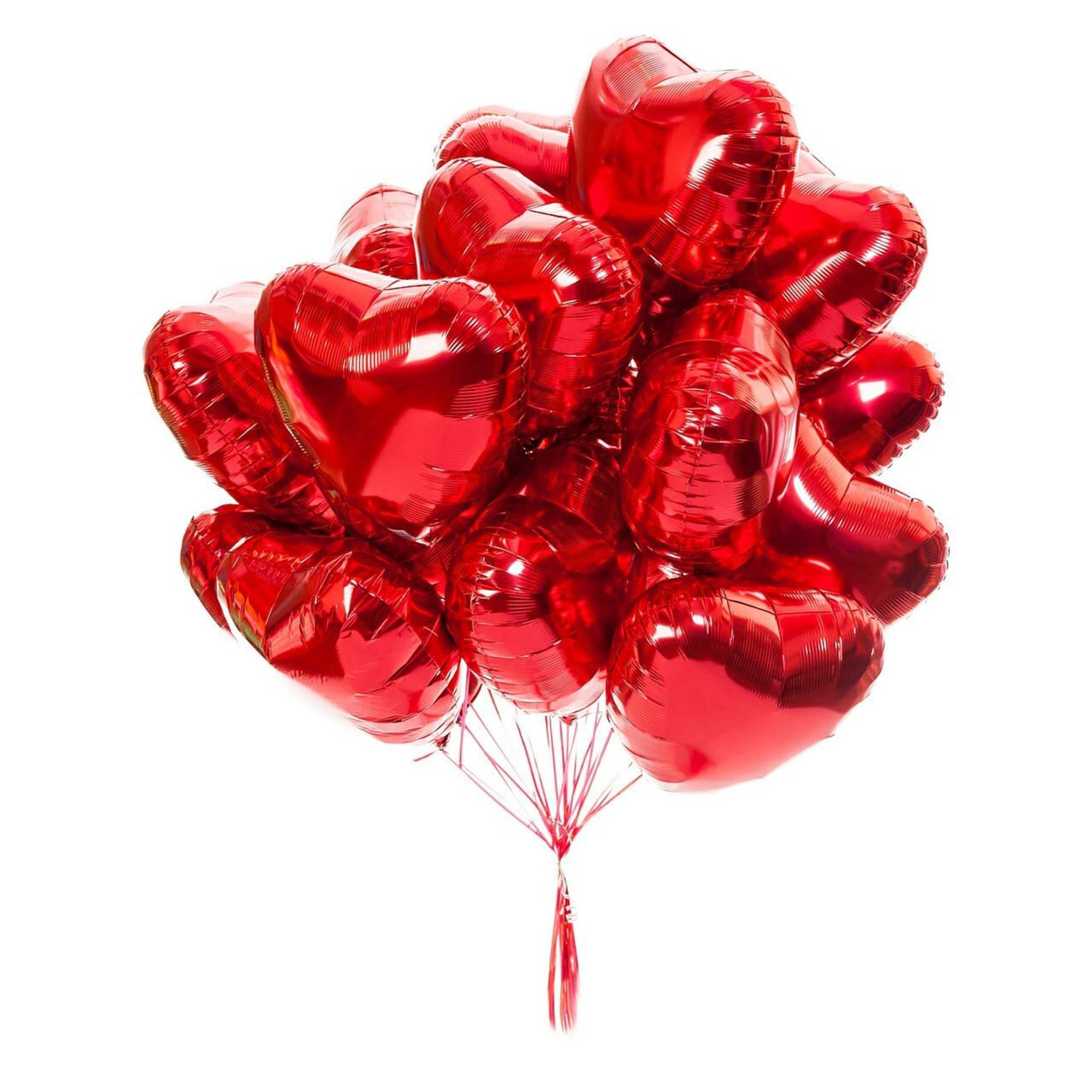 Cluster of red heart-shaped balloons on strings, photo 3 of 3