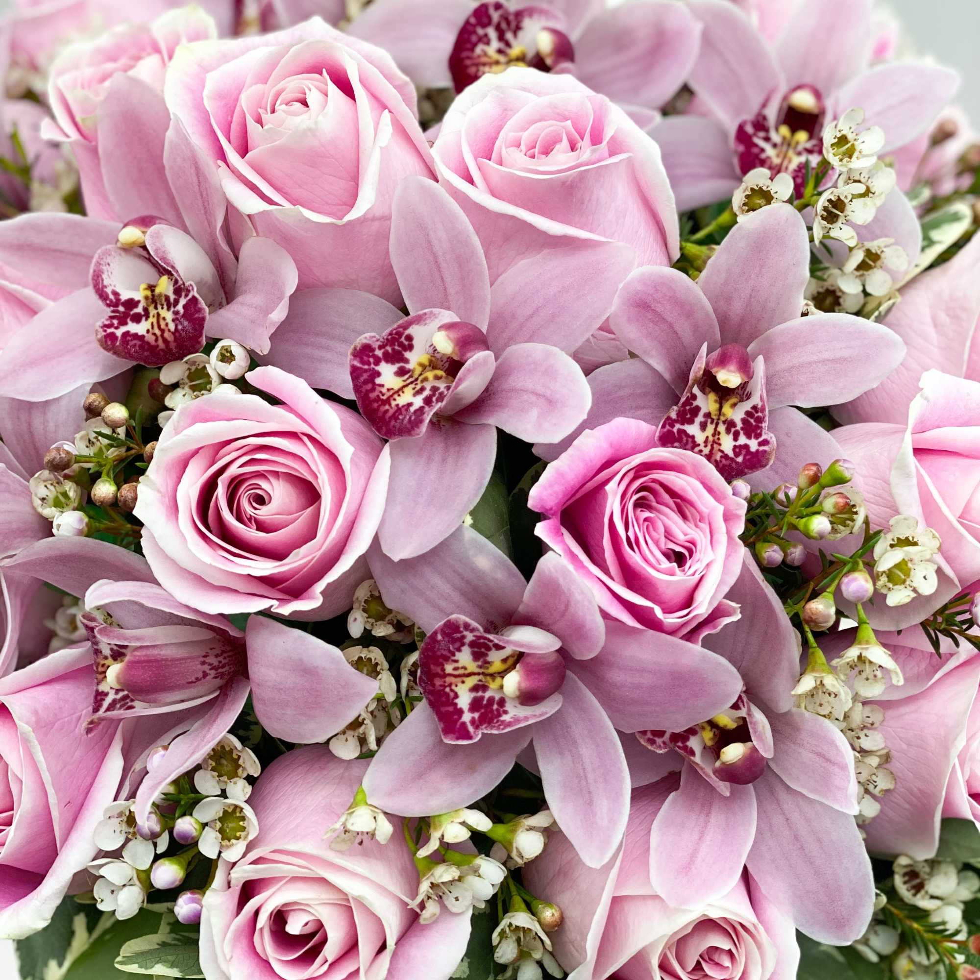 Pink roses and orchids in a tight bouquet