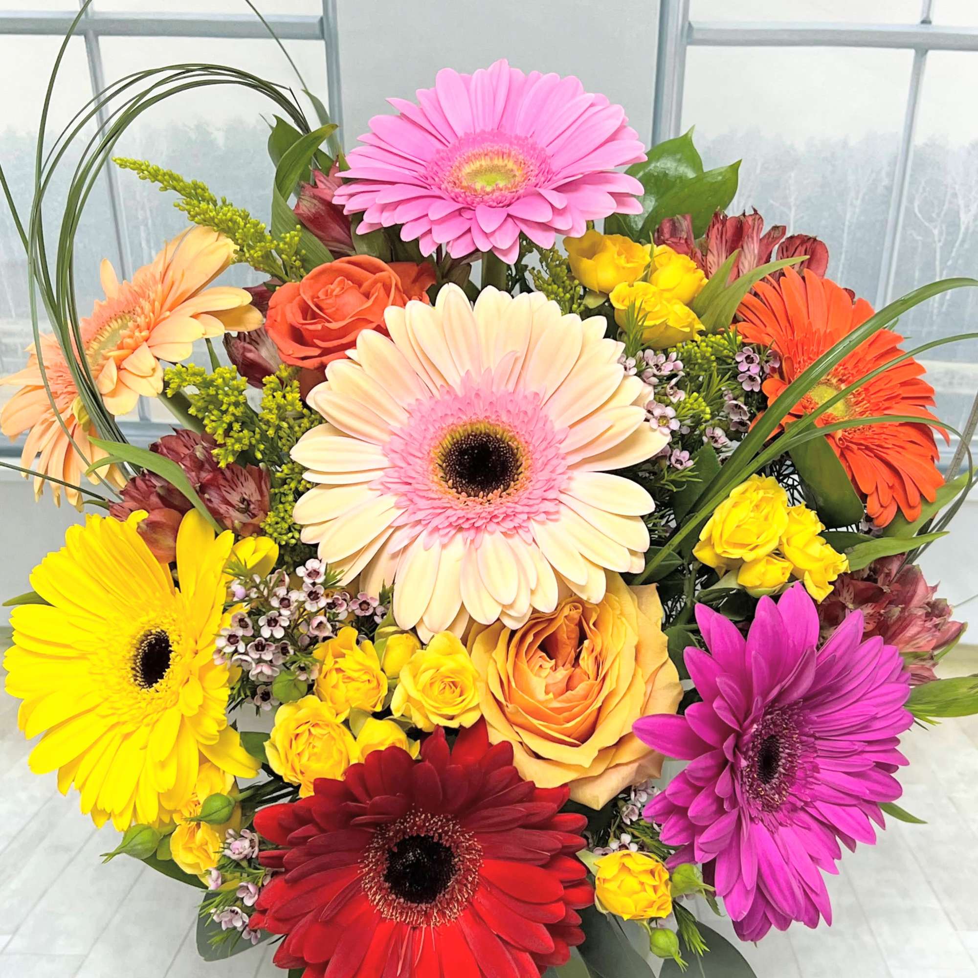 gerbera,alstromerya,spray roses, iris., photo 2 of 2