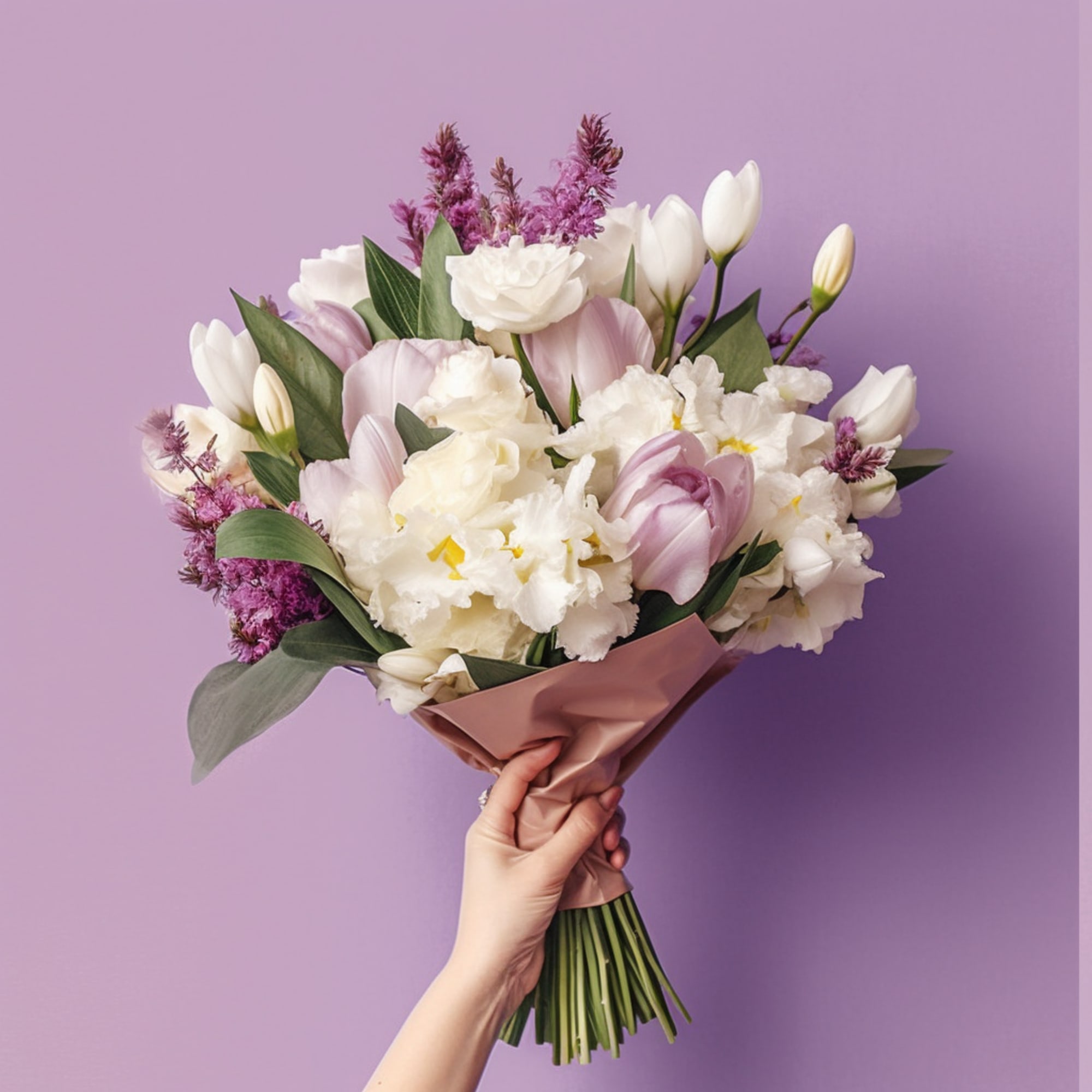 Handheld bouquet of white and pale pink flowers wrapped in blush paper
