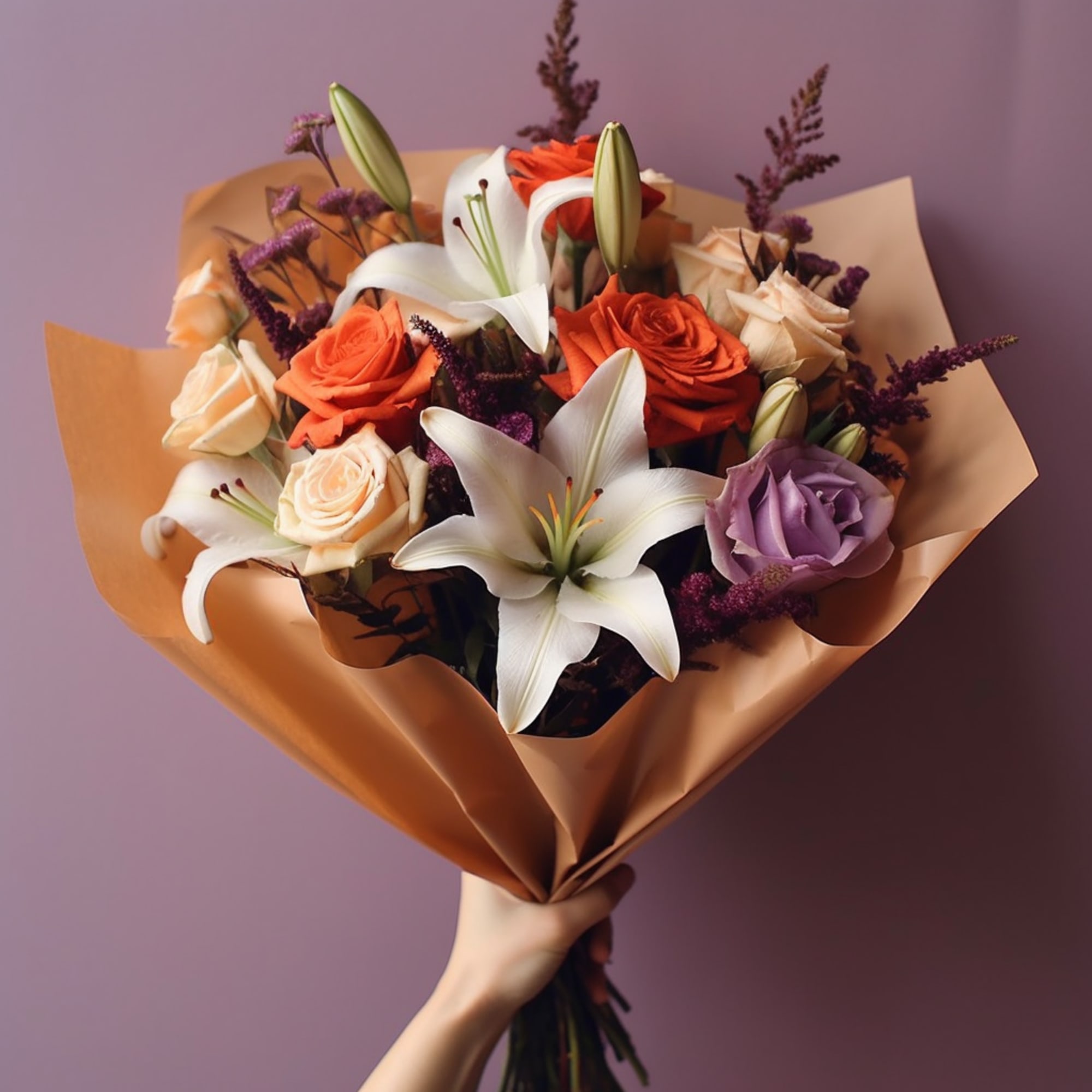 Handheld bouquet of roses and white lilies wrapped in brown paper