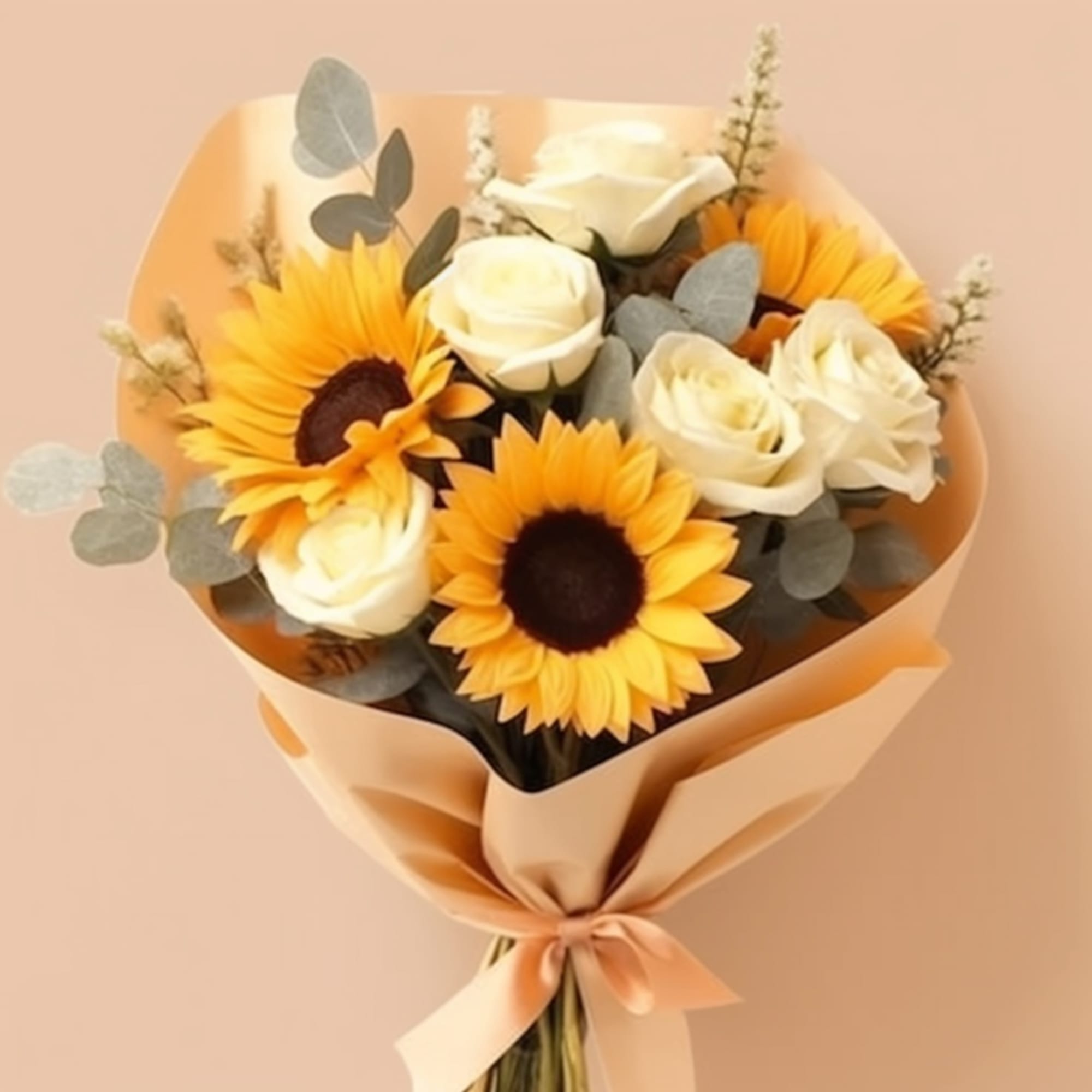Bouquet of yellow sunflowers and white roses wrapped in peach paper