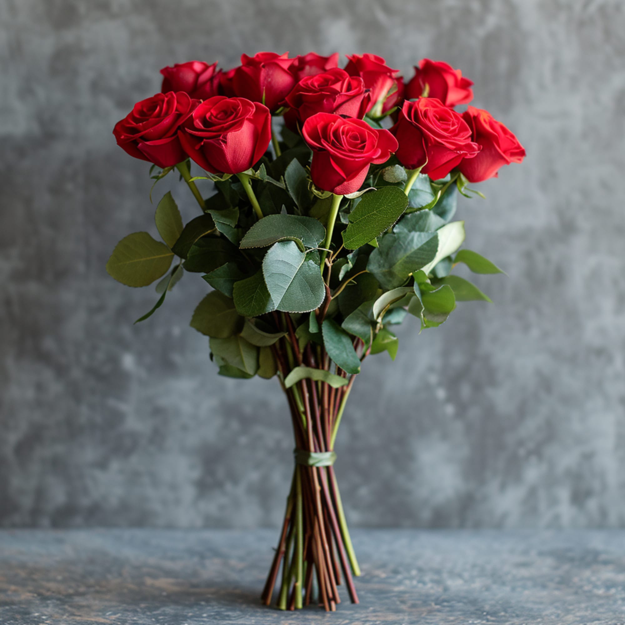 Bouquet of red roses with greenery tied at the stems