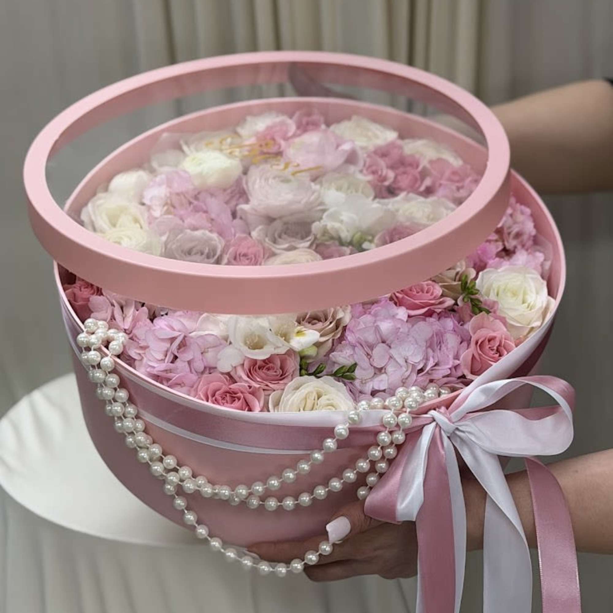 A luxurious floral hatbox designed in soft blush and ivory tones, featuring, photo 2 of 2