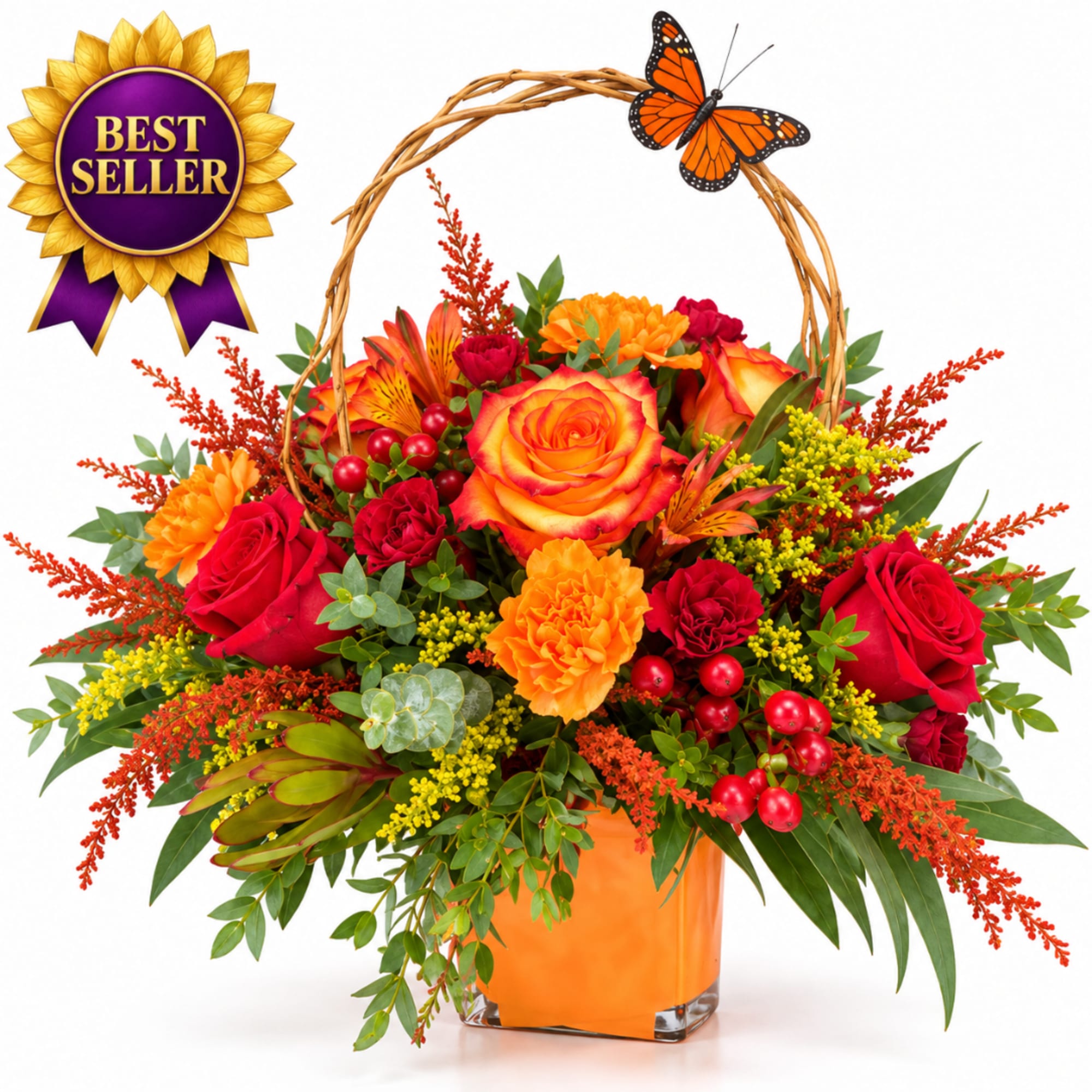 Basket arrangement of red and orange flowers in a glass vase with a butterfly topper