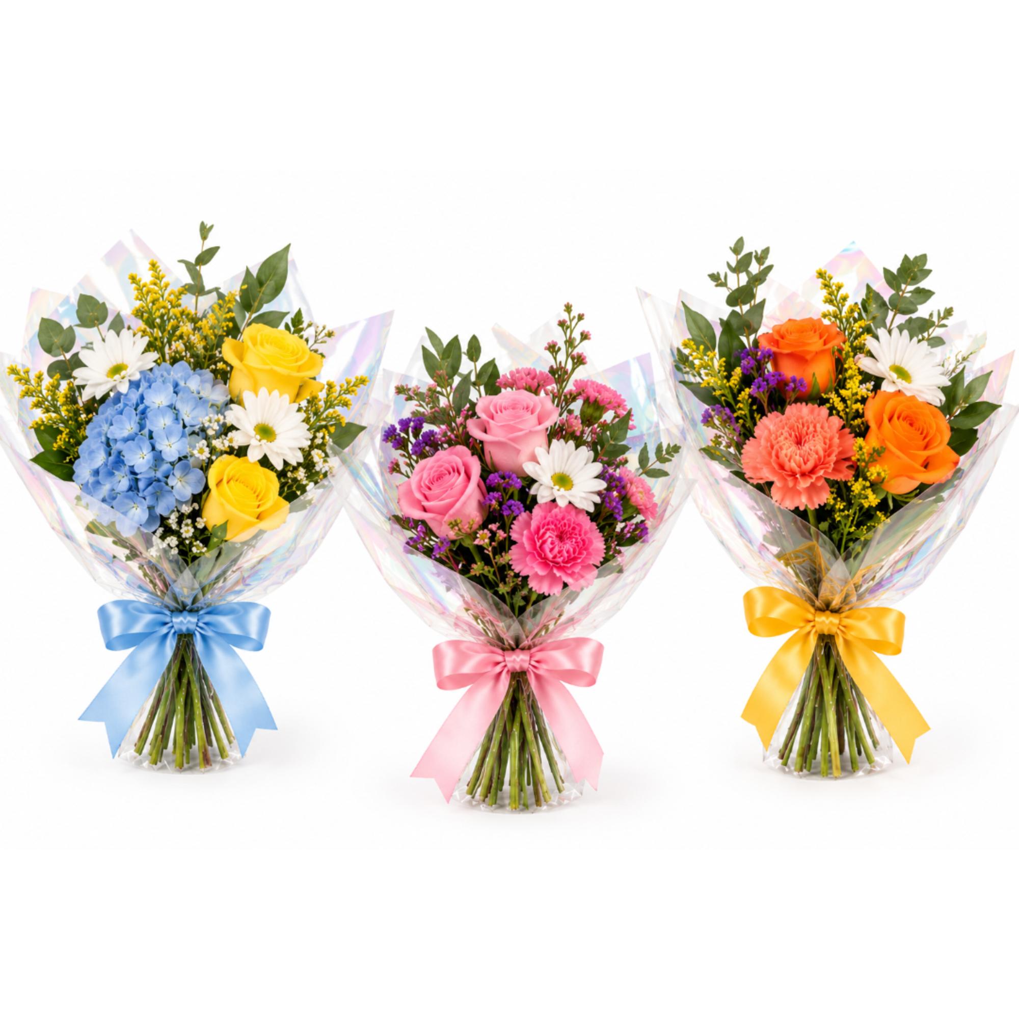 Three wrapped bouquets with roses, daisies, and carnations tied with colored ribbons